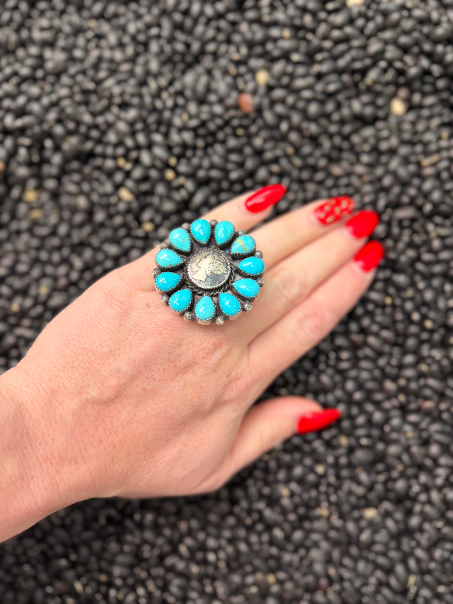 Native Made Mercury Dime Turquoise Cluster Ring | Genuine 925 Sterling Silver | Adjustable SIGNED MJ
