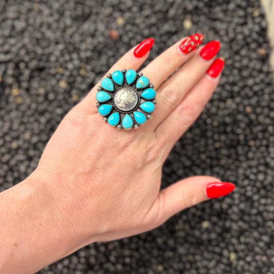 Native Made Mercury Dime Turquoise Cluster Ring | Genuine 925 Sterling Silver | Adjustable SIGNED MJ