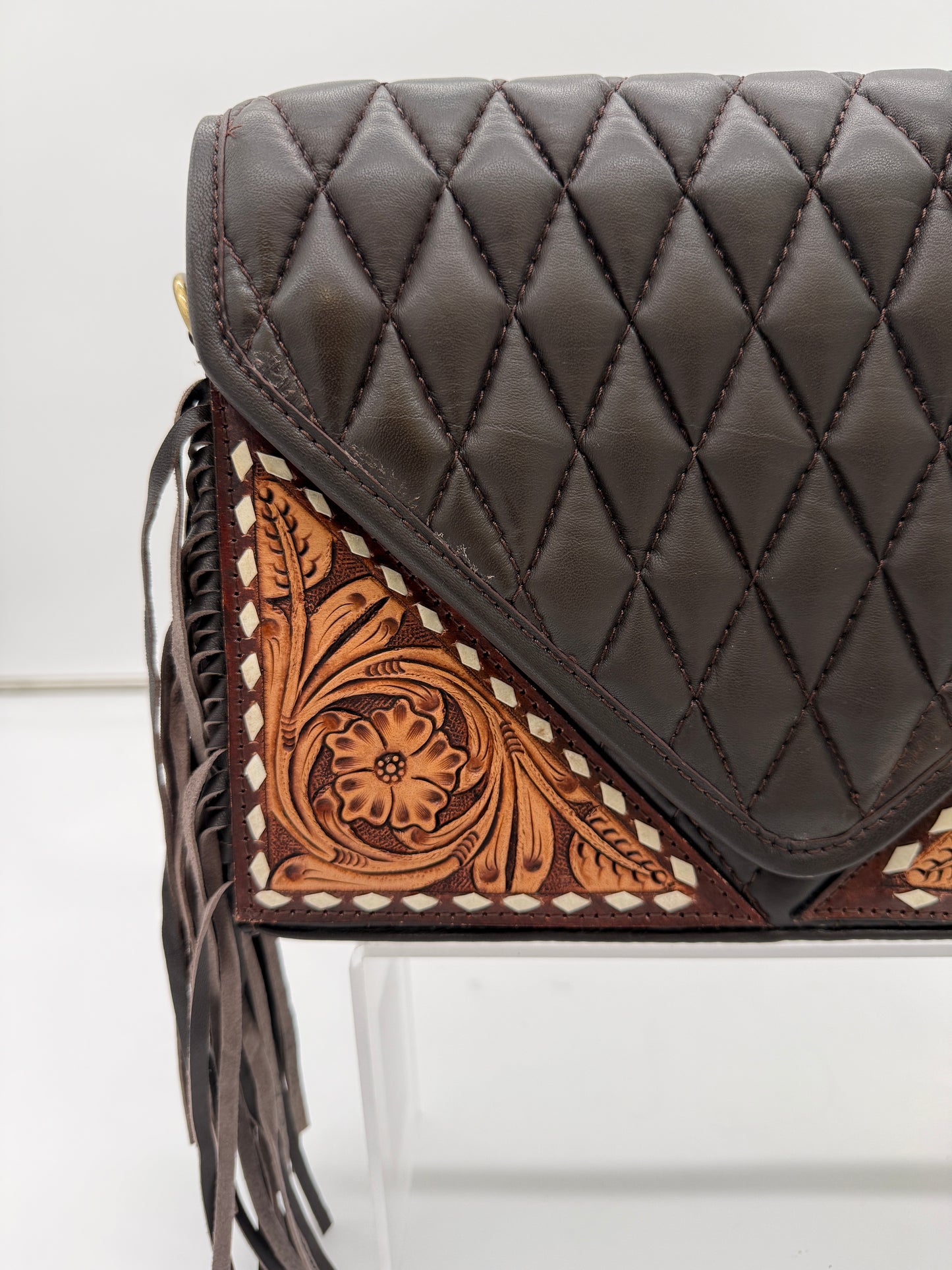 Western Luxe Quilted Hand Tooled Fringe Crossbody Handbag