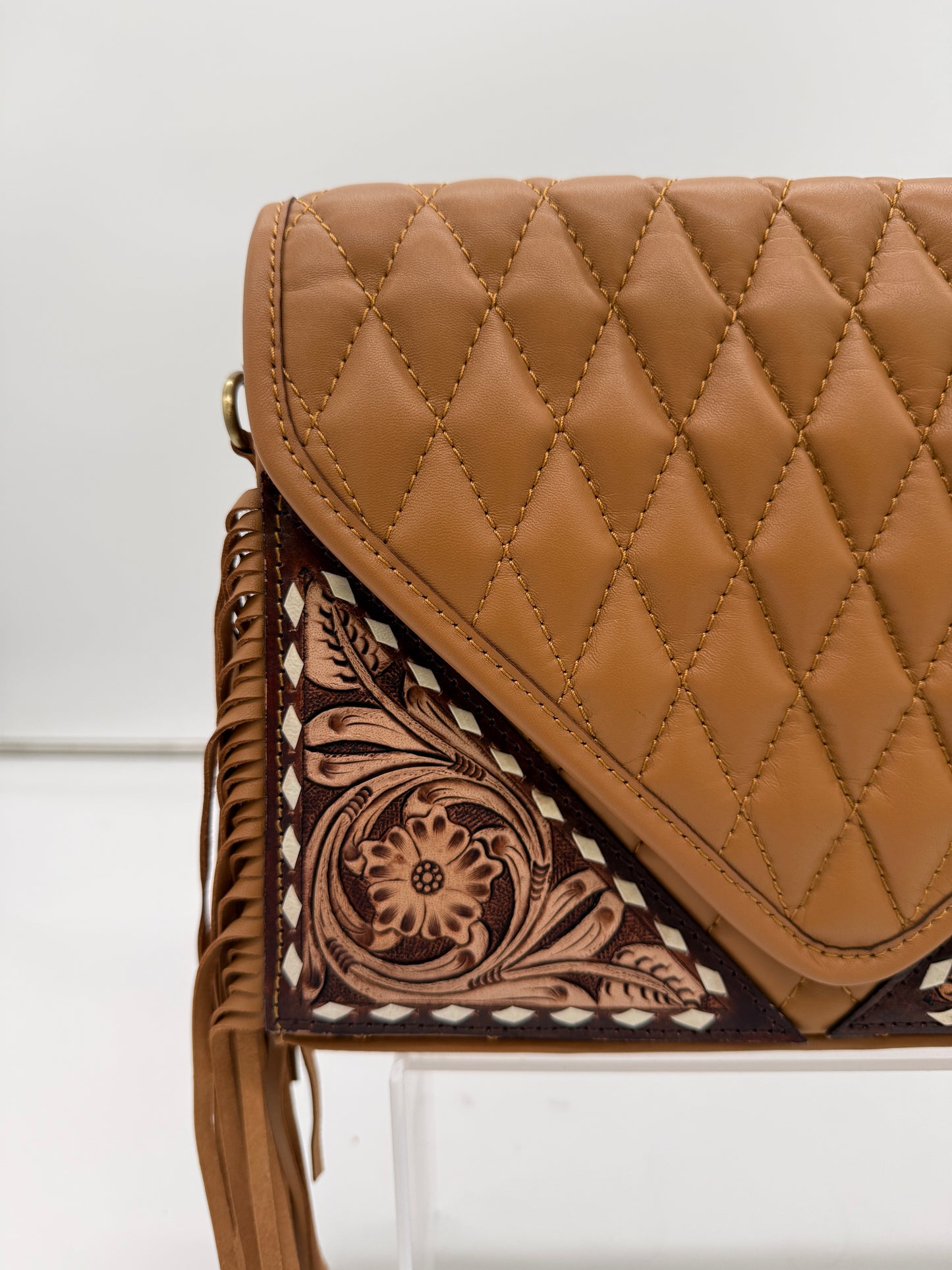 Western Luxe Quilted Hand Tooled Fringe Crossbody Handbag