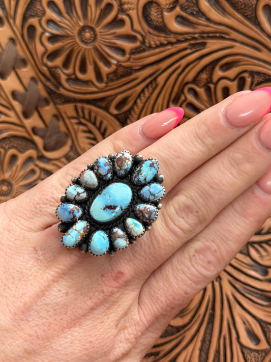 Native Made Golden Hills Turquoise Cluster Adjustable Ring | Signed A. Spencer | Genuine 925 Sterling Silver