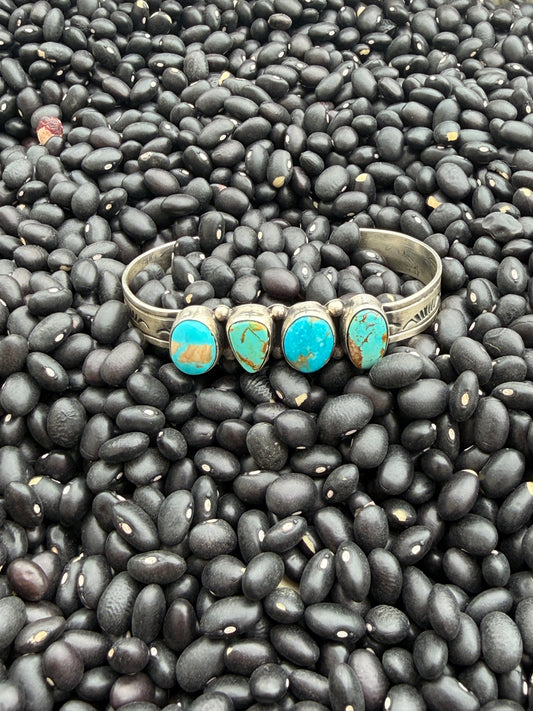 RE Native American Kingman Turquoise Four Stone Cuff Bracelet | Handmade Sterling Silver | Signed & Stamped 925