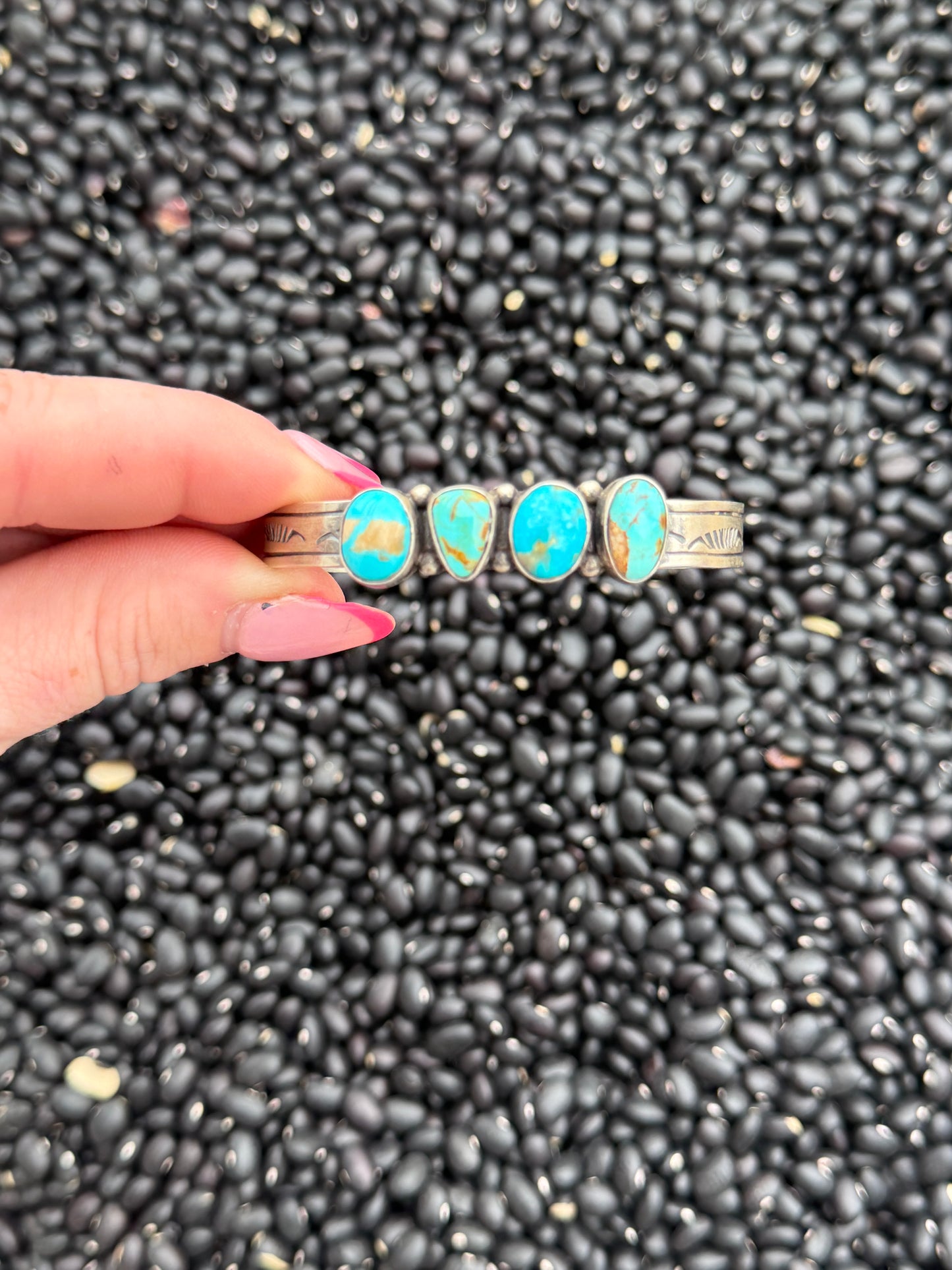 RE Native American Kingman Turquoise Four Stone Cuff Bracelet | Handmade Sterling Silver | Signed & Stamped 925