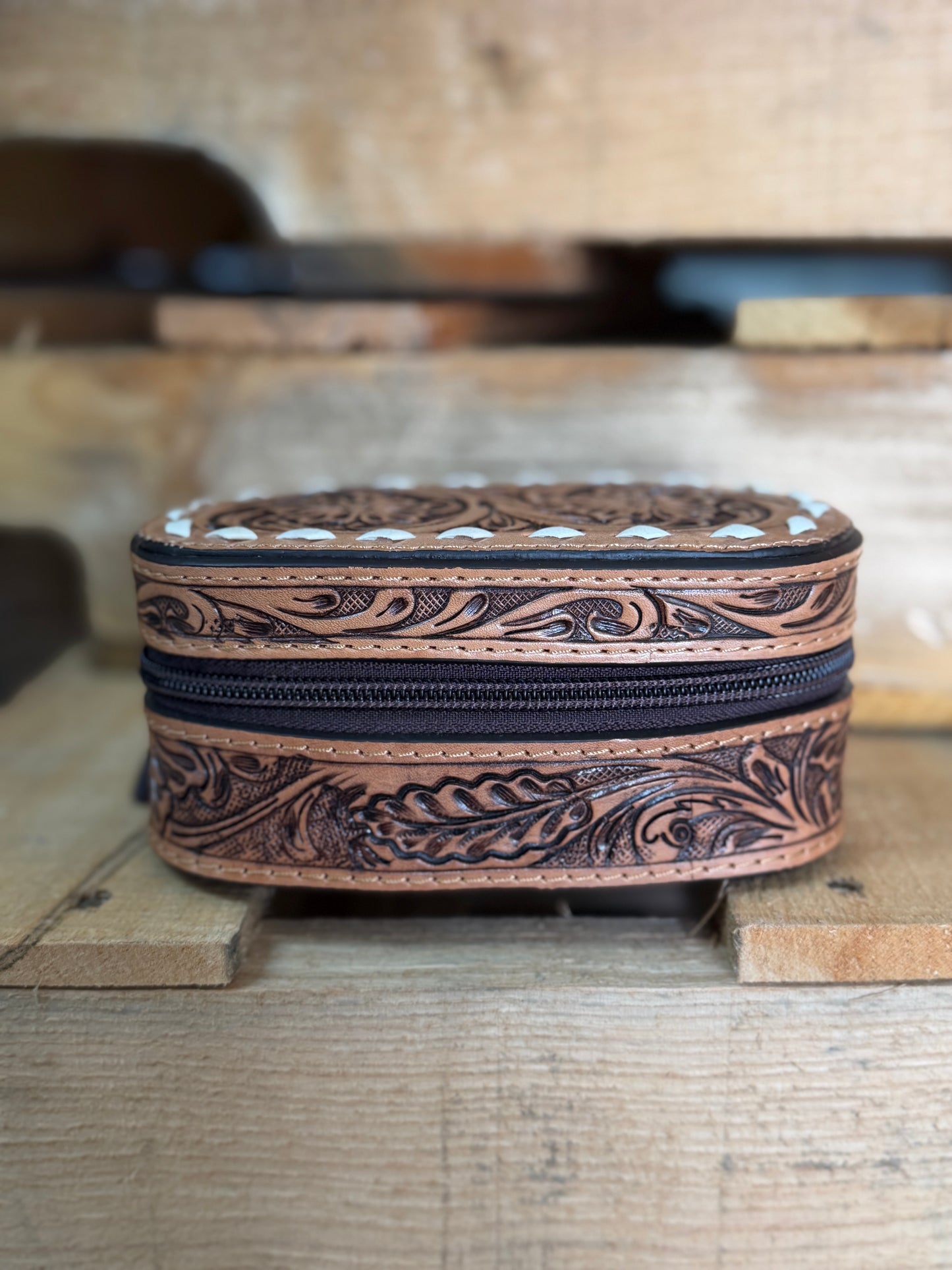 Tooled Leather Travel Jewelry Case | Western Jewelry Organizer | Genuine Leather