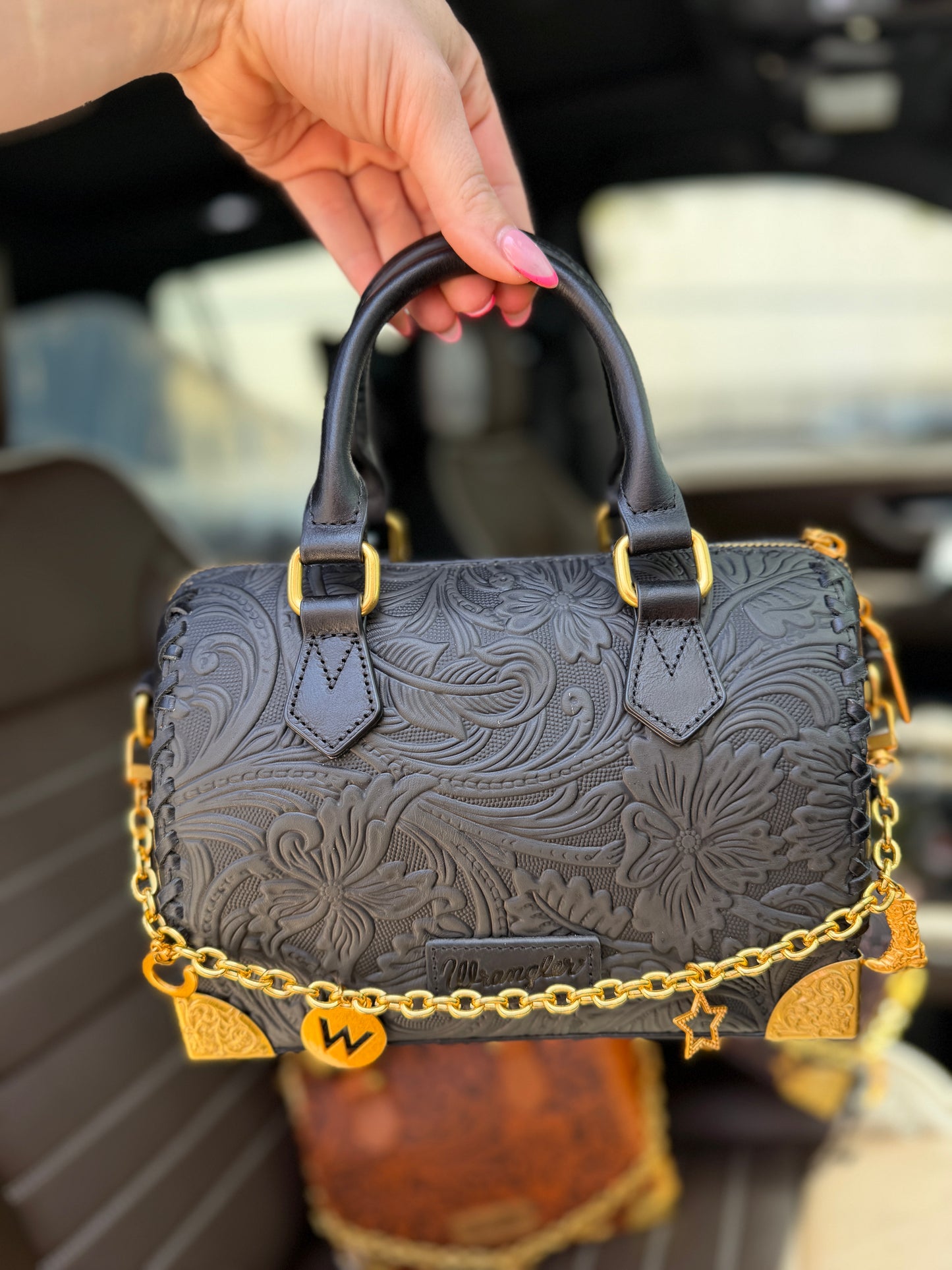 Wrangler Genuine Leather Floral Embossed Speedy Trunk Bag