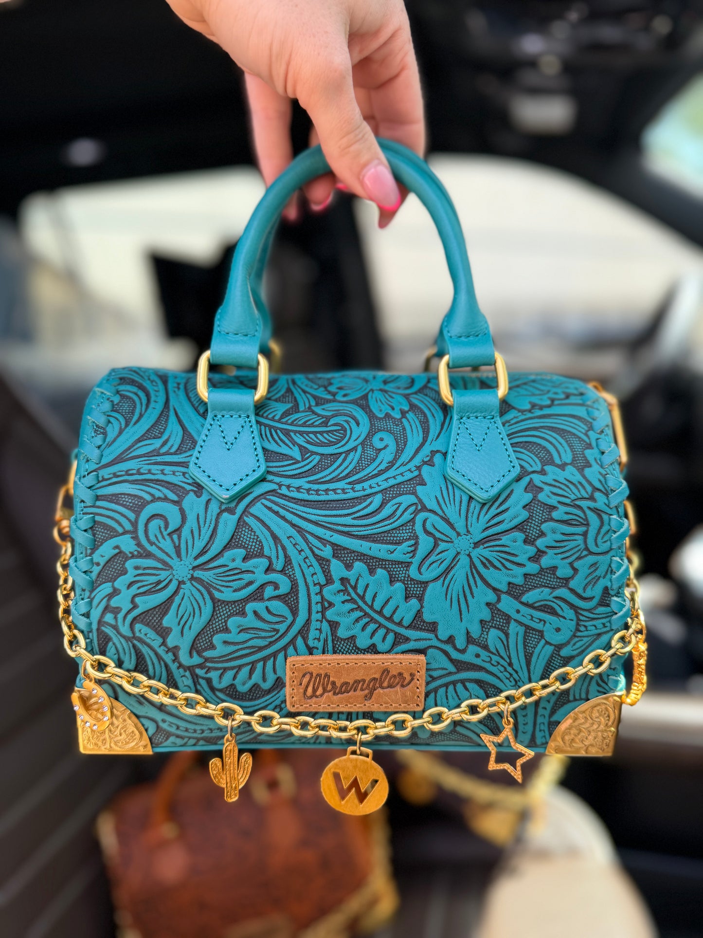 Wrangler Genuine Leather Floral Embossed Speedy Trunk Bag