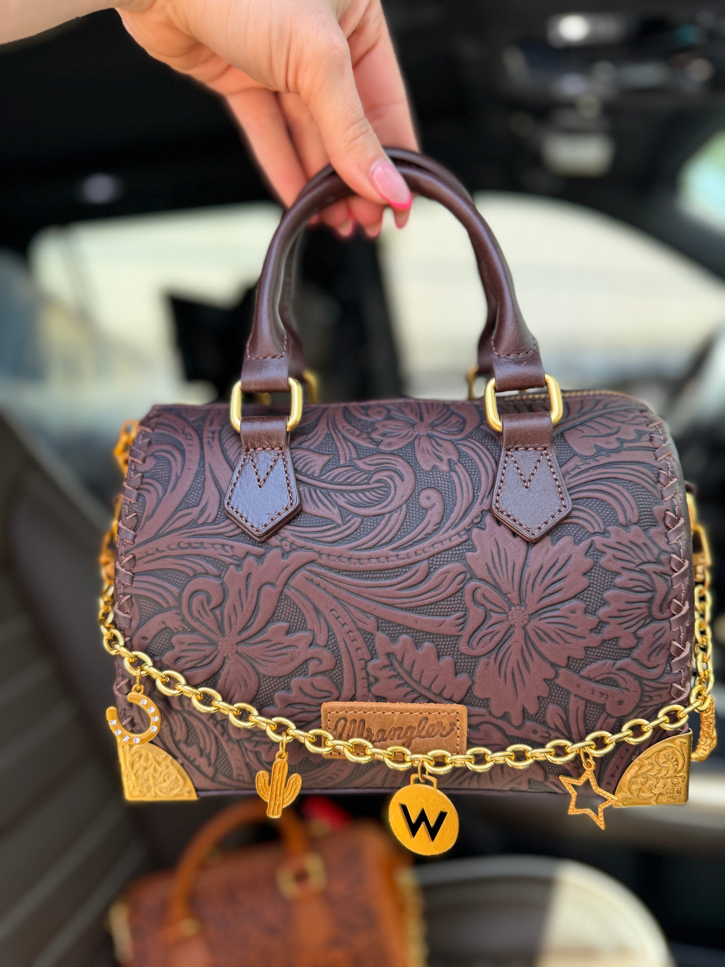 Wrangler Genuine Leather Floral Embossed Speedy Trunk Bag