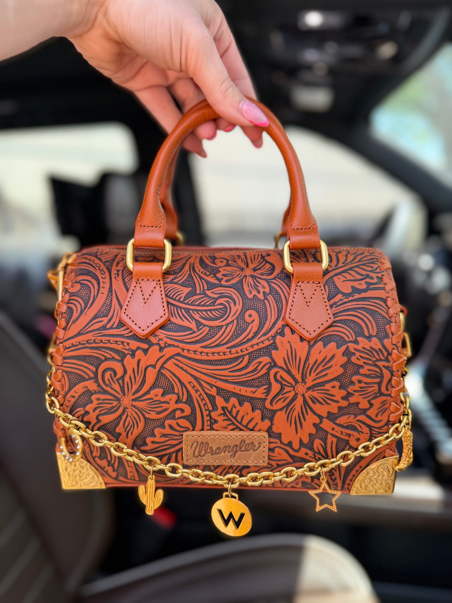 Wrangler Genuine Leather Floral Embossed Speedy Trunk Bag