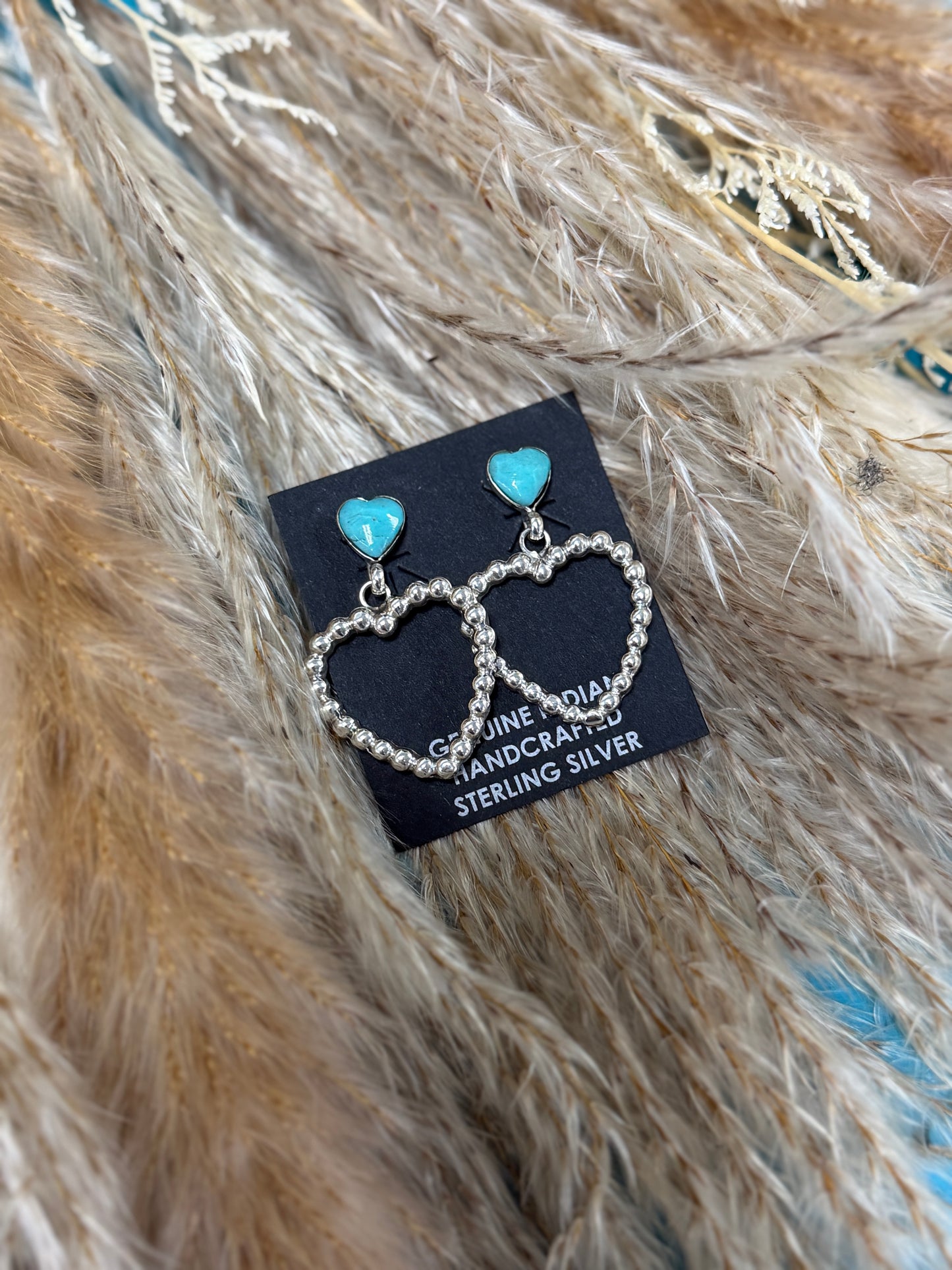 Phyllis A. Smith Kingman Turquoise Heart Dangle Earrings | Native Made 925 Sterling Silver