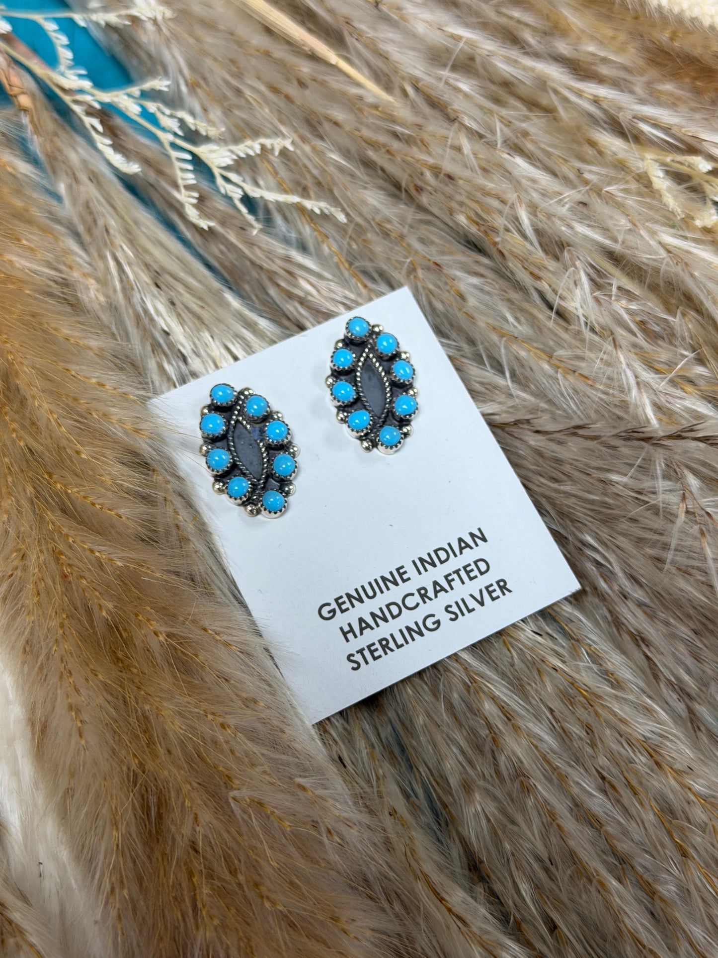 Turquoise Cluster Stud Earrings | Native Made 925 Sterling Silver | R. Blanchard Kingman