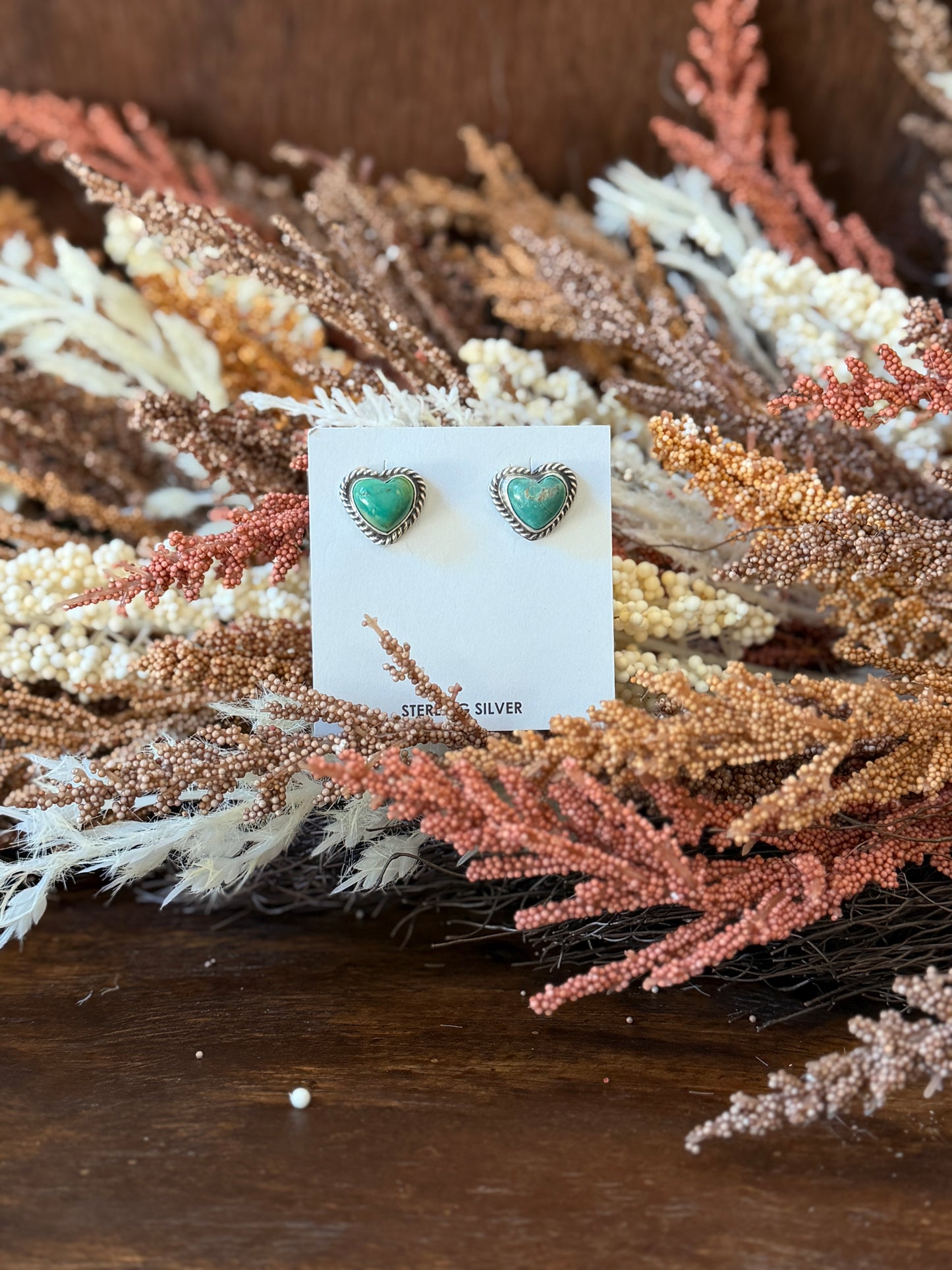 Kingman Turquoise Heart Stud Earrings – .925 Sterling Silver - Native Made by Larson Chee