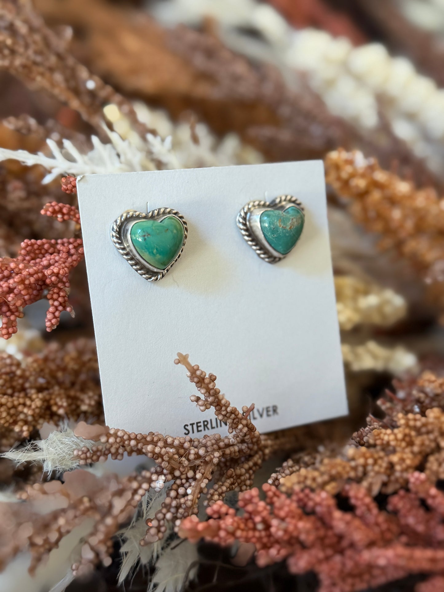 Kingman Turquoise Heart Stud Earrings – .925 Sterling Silver - Native Made by Larson Chee