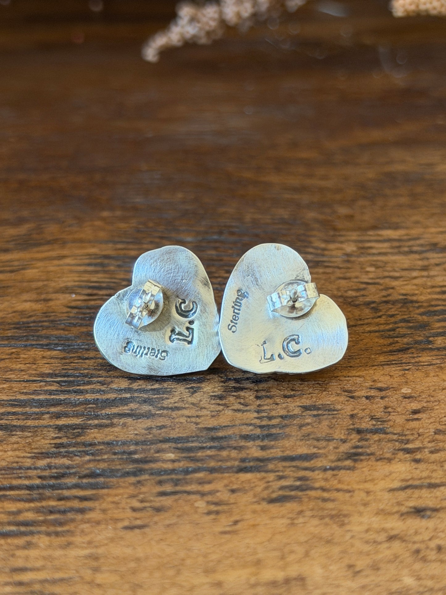 Kingman Turquoise Heart Stud Earrings – .925 Sterling Silver - Native Made by Larson Chee