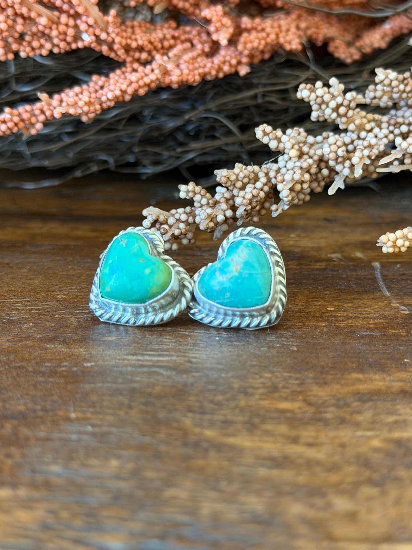 Kingman Turquoise Heart Stud Earrings – .925 Sterling Silver - Native Made by Larson Chee