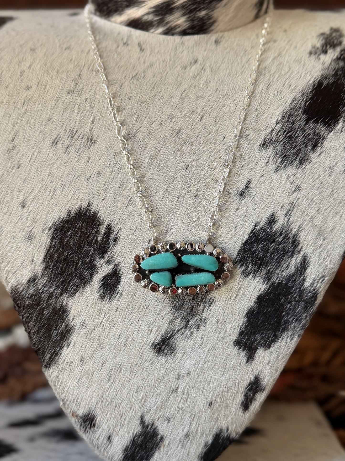 Turquoise Cluster Necklace – .925 Sterling Silver – 20"- Native Made by Sadie Jim
