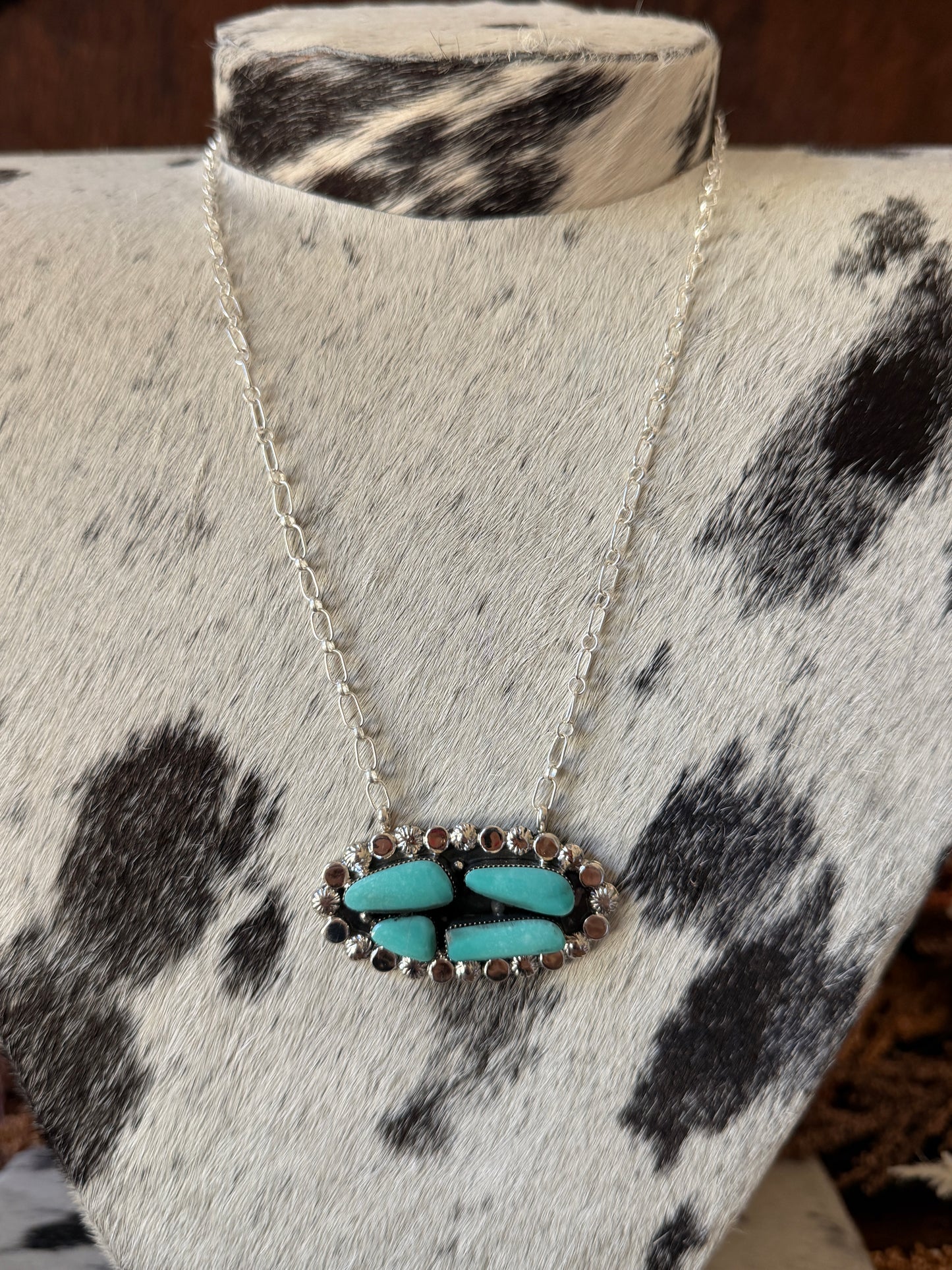 Turquoise Cluster Necklace – .925 Sterling Silver – 20"- Native Made by Sadie Jim