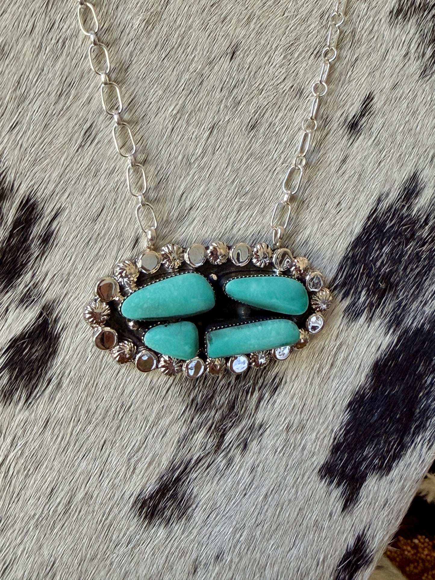 Turquoise Cluster Necklace – .925 Sterling Silver – 20"- Native Made by Sadie Jim
