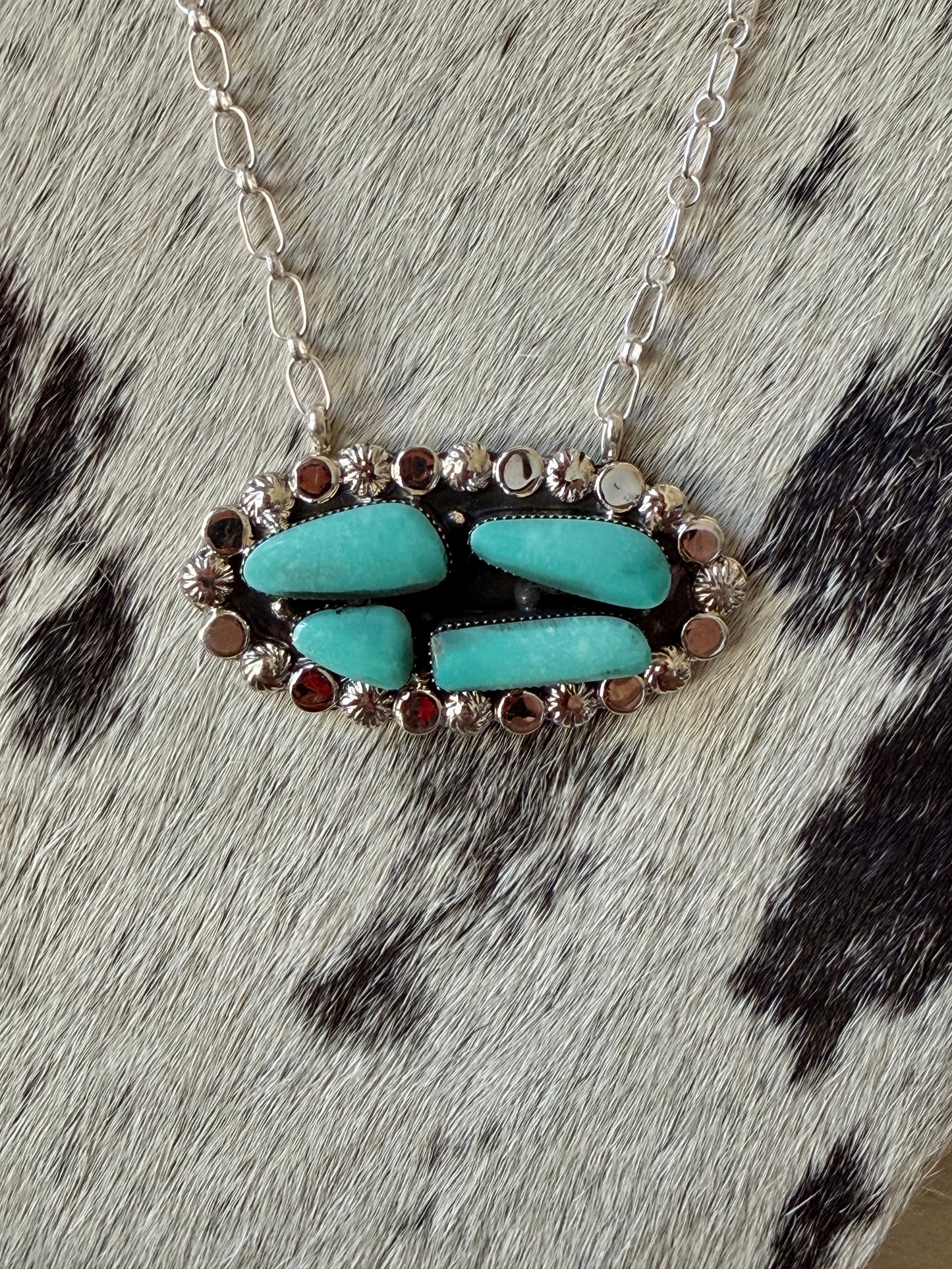 Turquoise Cluster Necklace – .925 Sterling Silver – 20"- Native Made by Sadie Jim