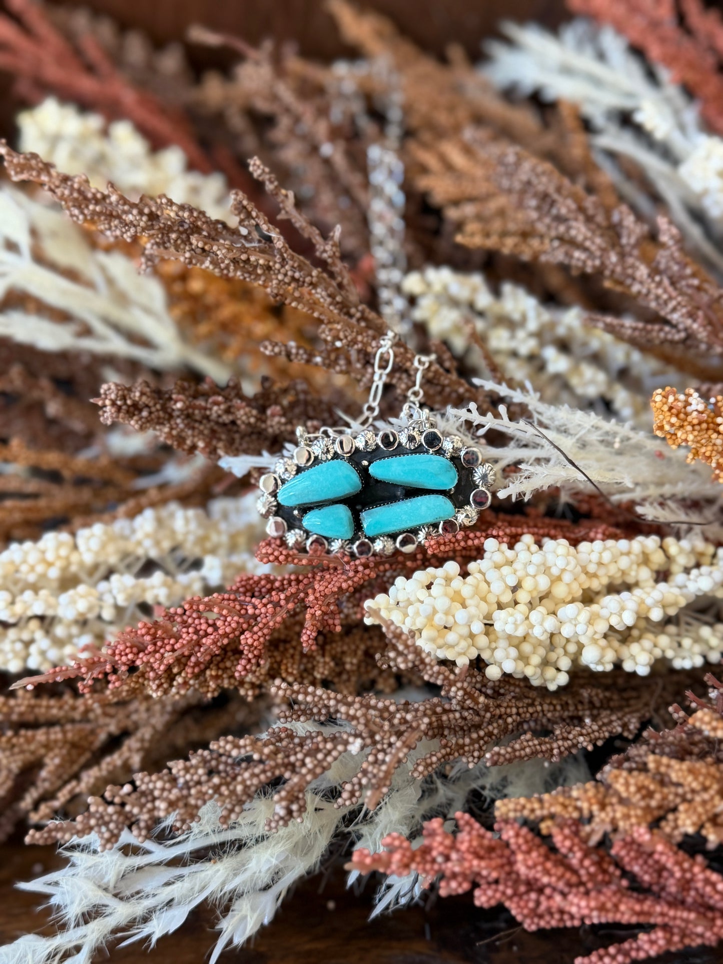 Turquoise Cluster Necklace – .925 Sterling Silver – 20"- Native Made by Sadie Jim