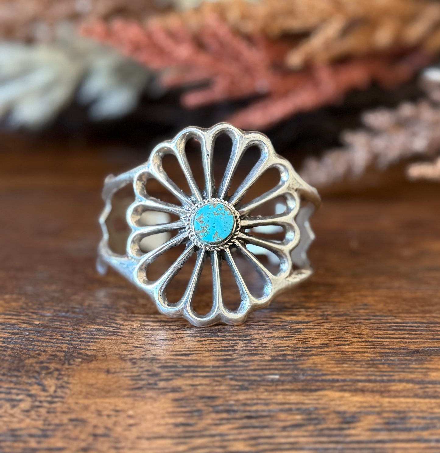 Native Made Genuine Turquoise Sterling Silver Statement Cuff – Signed R – 6.5