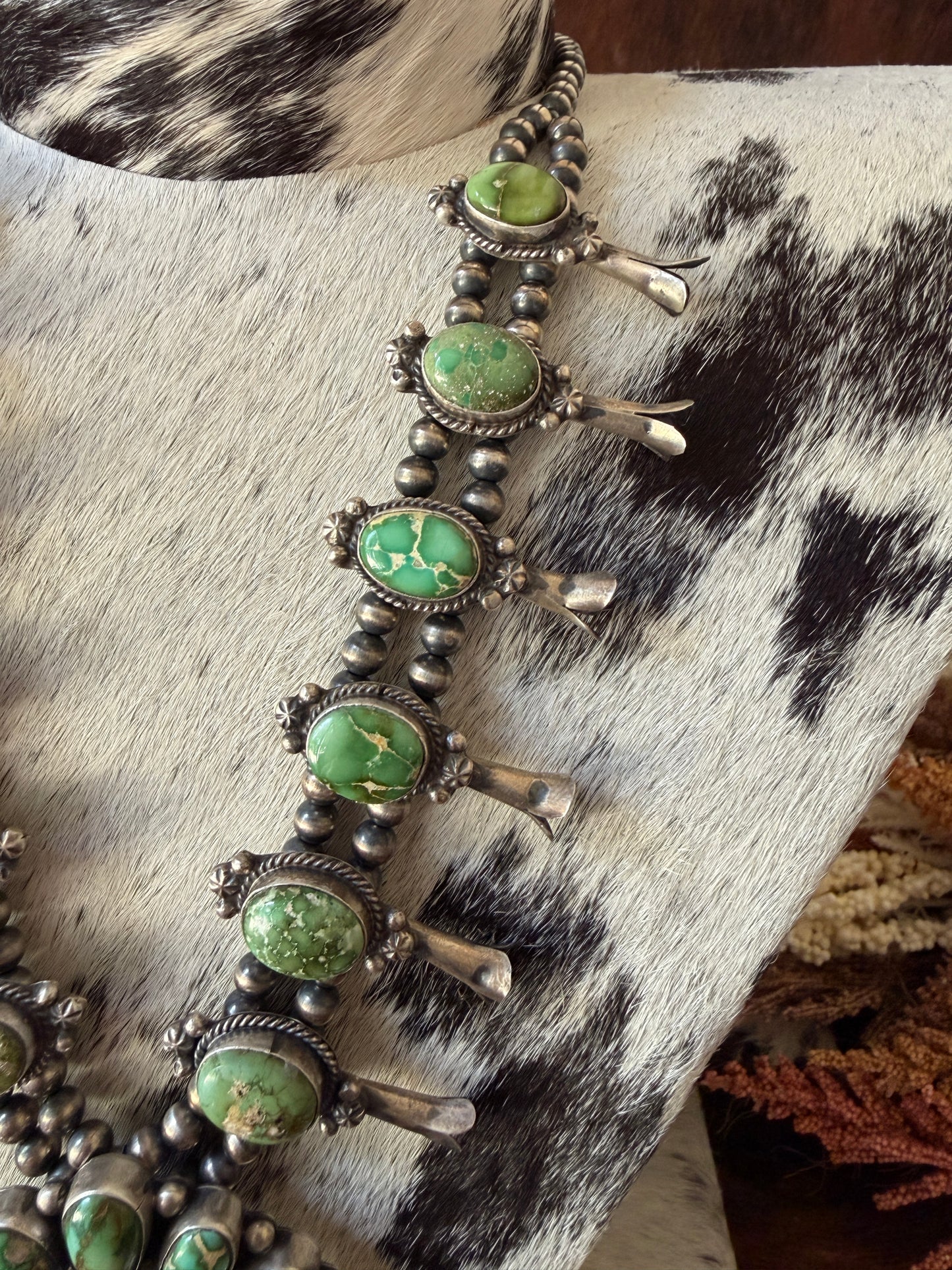 E.B. Smith Native Made Royston Turquoise & Sterling Silver Squash Blossom Necklace with Multi-Stone Naja