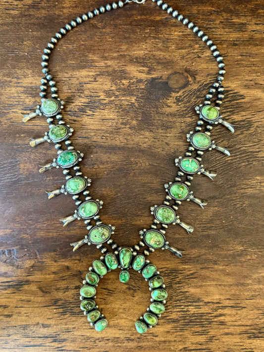E.B. Smith Native Made Royston Turquoise & Sterling Silver Squash Blossom Necklace with Multi-Stone Naja