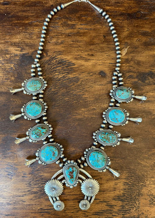Product Title: Tom Lewis Navajo Sonoran Gold Turquoise & Sterling Silver Squash Blossom Necklace with Naja