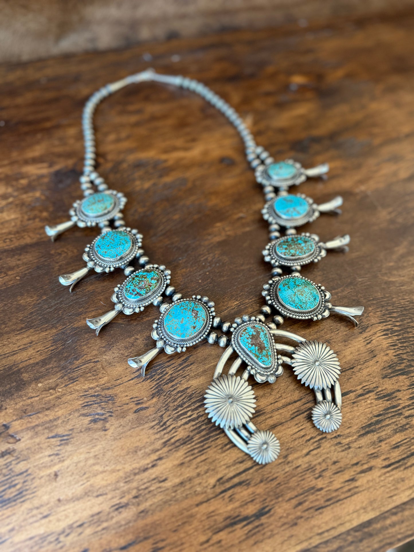 Product Title: Tom Lewis Navajo Sonoran Gold Turquoise & Sterling Silver Squash Blossom Necklace with Naja