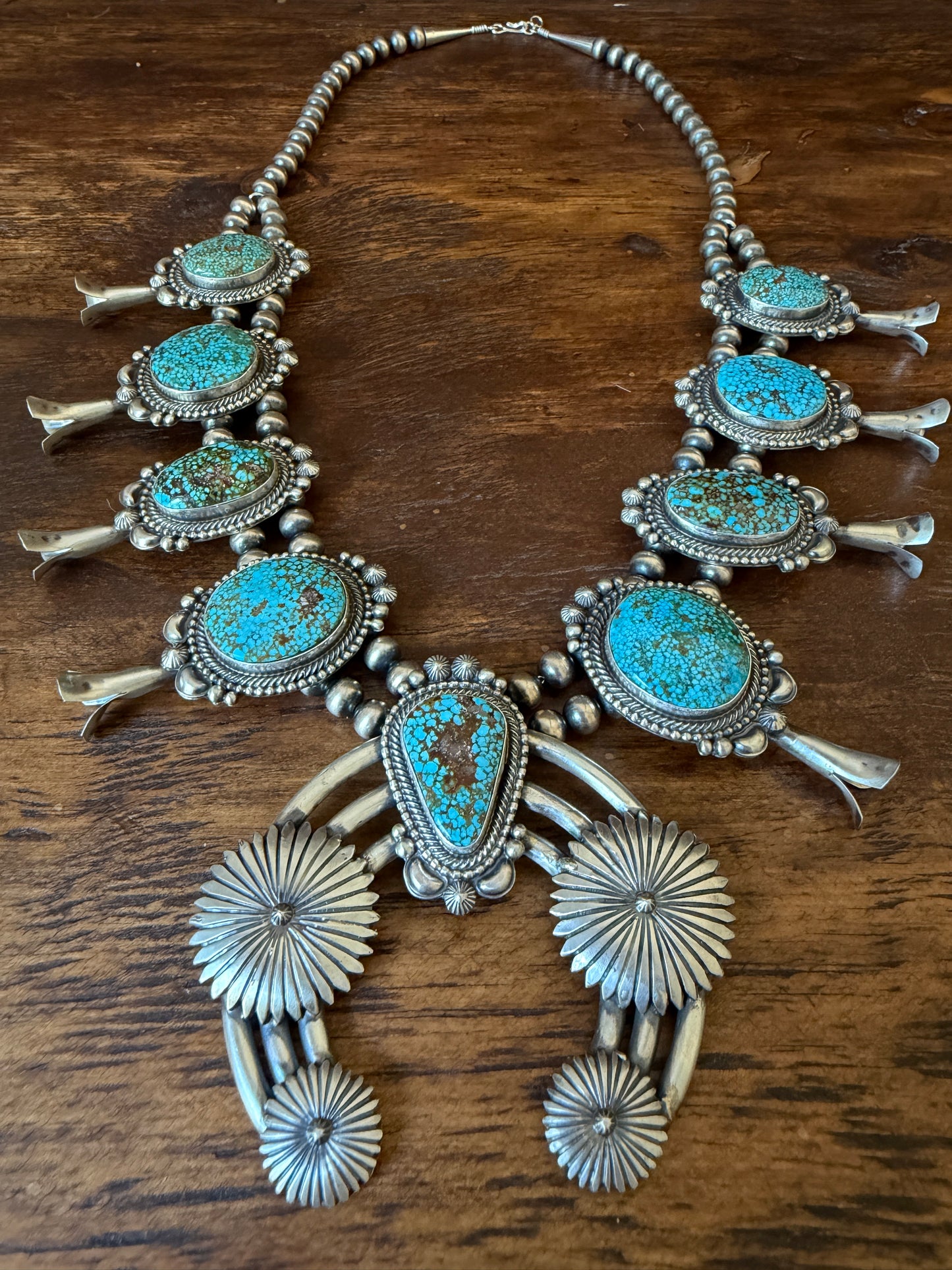 Product Title: Tom Lewis Navajo Sonoran Gold Turquoise & Sterling Silver Squash Blossom Necklace with Naja
