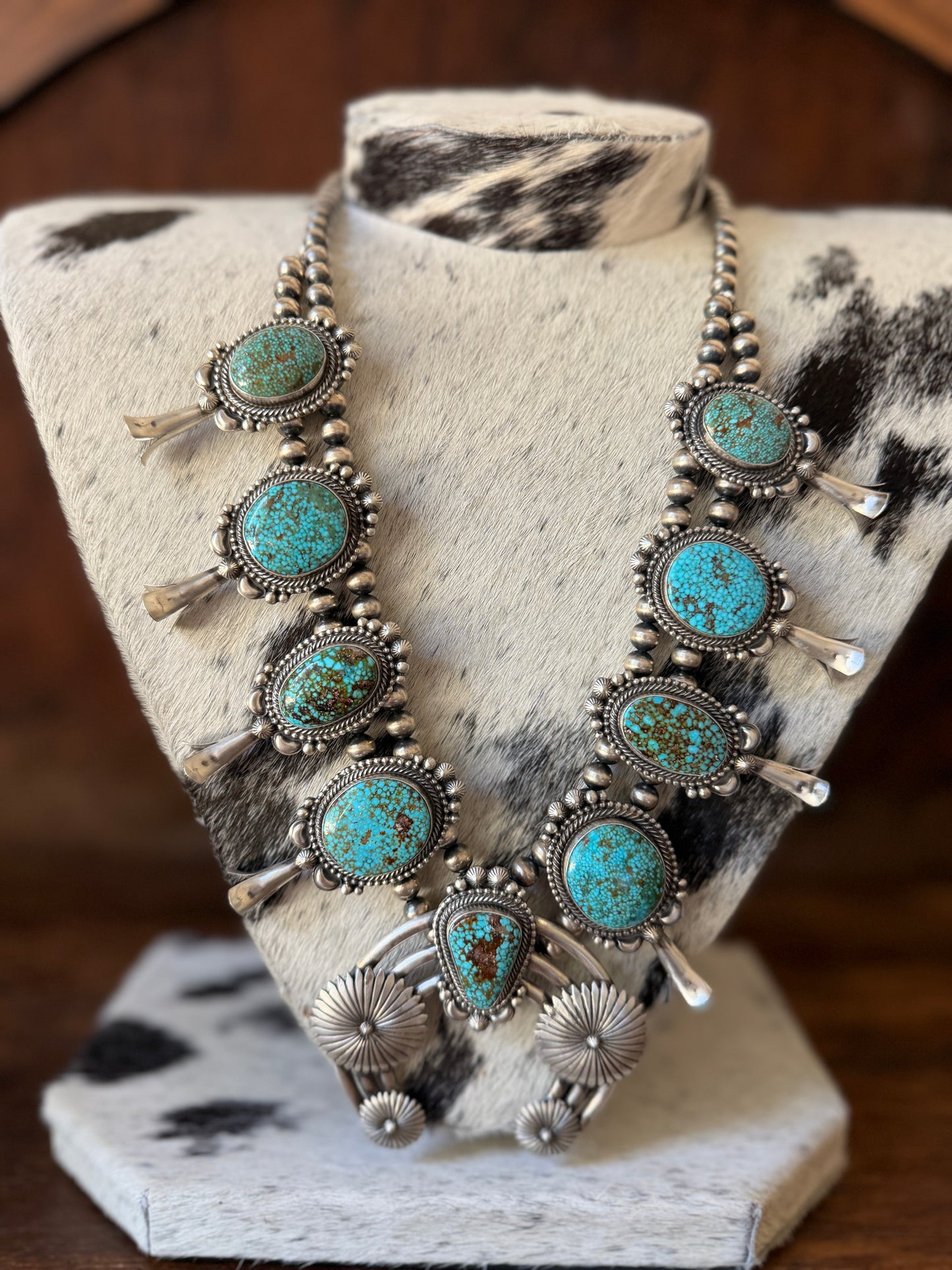 Product Title: Tom Lewis Navajo Sonoran Gold Turquoise & Sterling Silver Squash Blossom Necklace with Naja