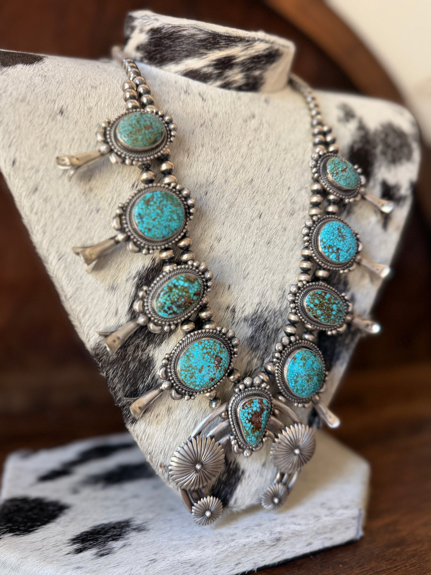 Product Title: Tom Lewis Navajo Sonoran Gold Turquoise & Sterling Silver Squash Blossom Necklace with Naja