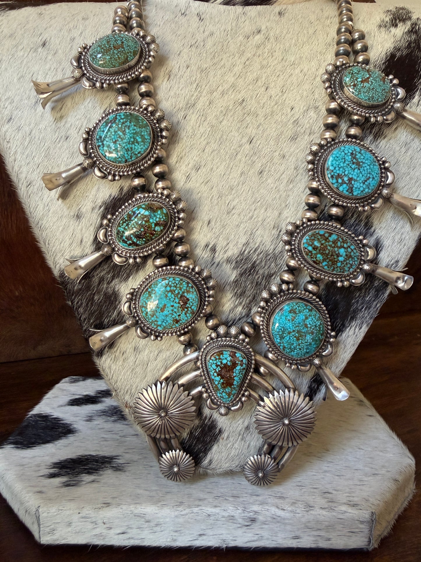 Product Title: Tom Lewis Navajo Sonoran Gold Turquoise & Sterling Silver Squash Blossom Necklace with Naja