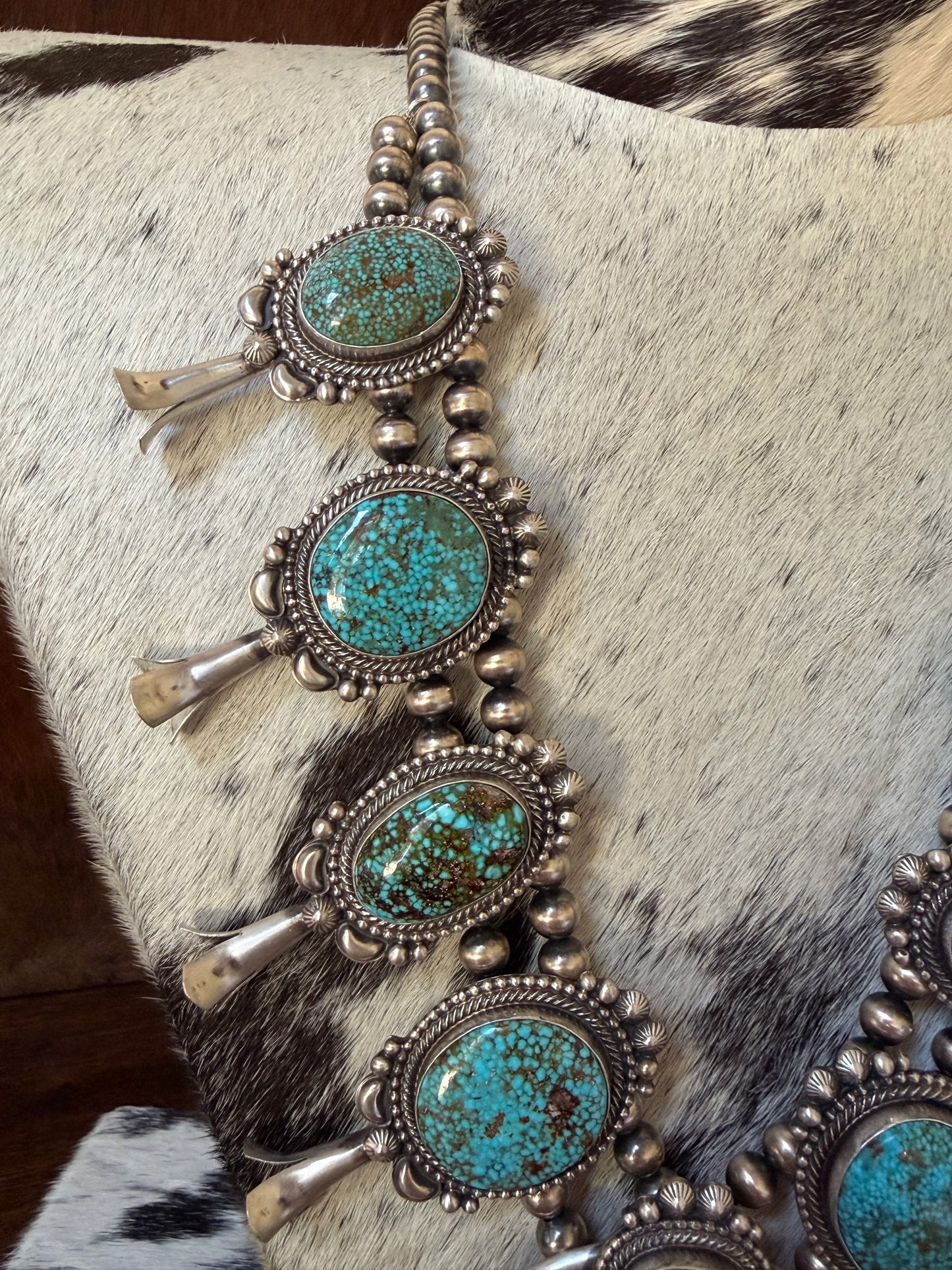Product Title: Tom Lewis Navajo Sonoran Gold Turquoise & Sterling Silver Squash Blossom Necklace with Naja