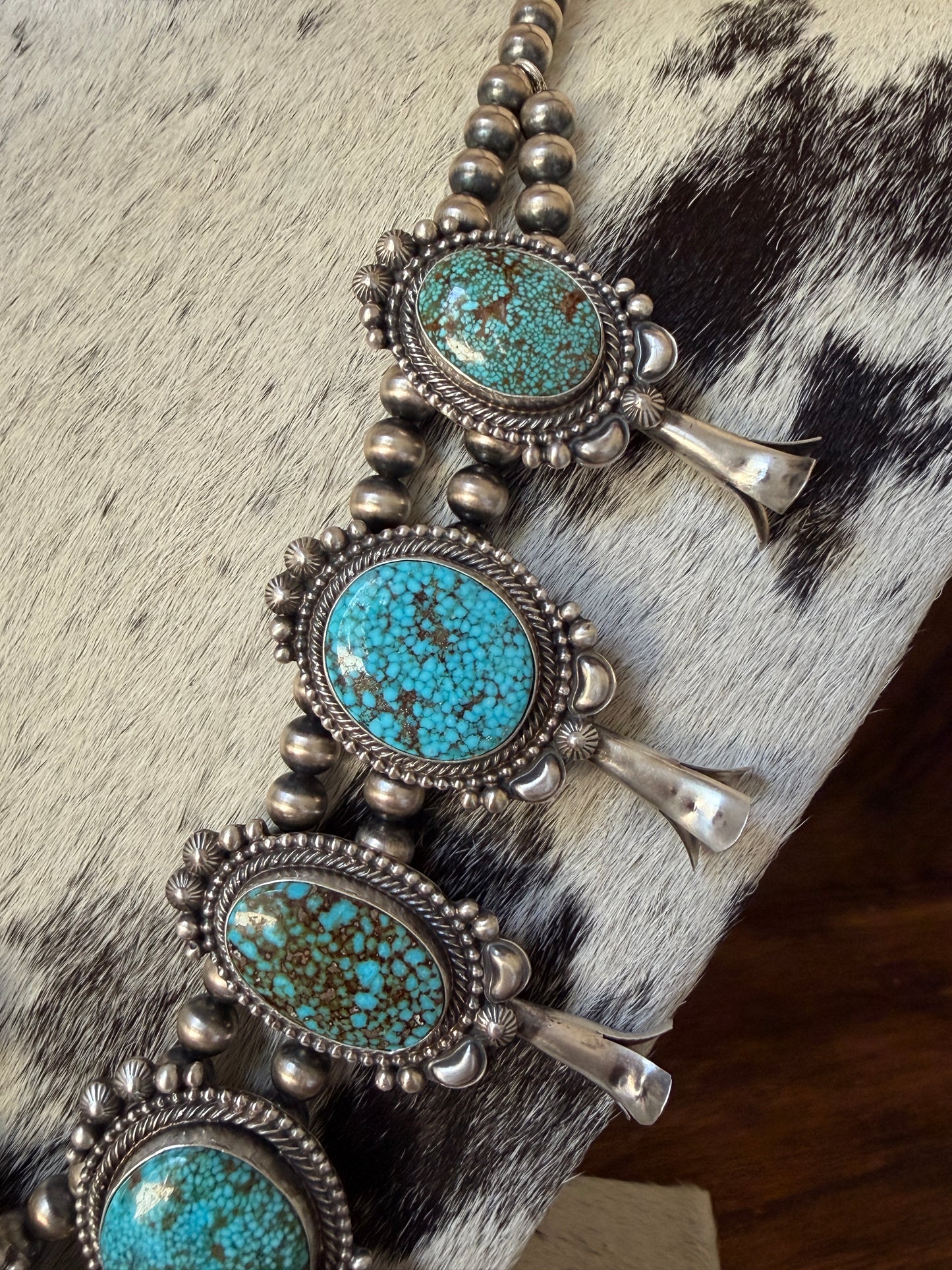 Product Title: Tom Lewis Navajo Sonoran Gold Turquoise & Sterling Silver Squash Blossom Necklace with Naja