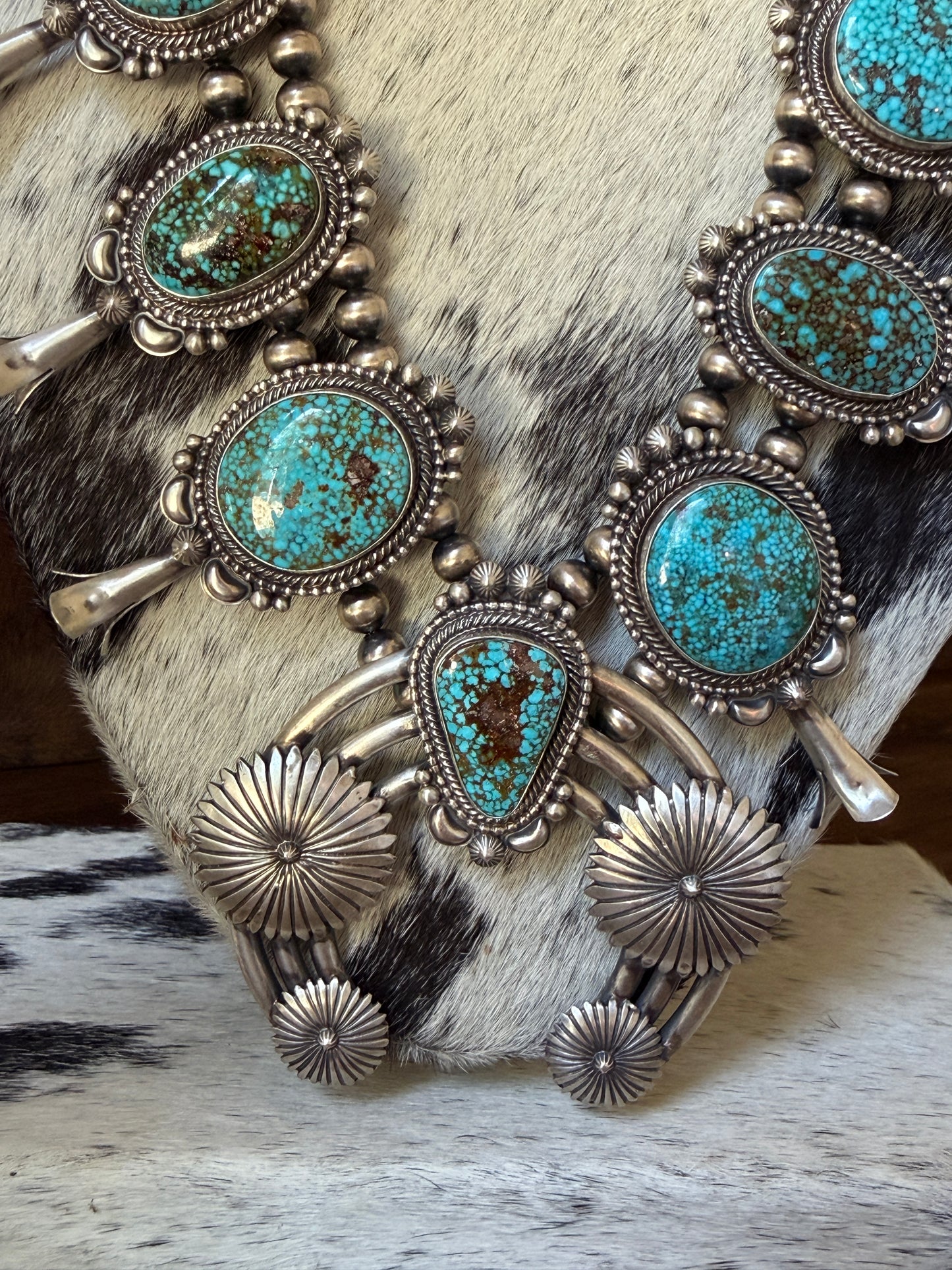 Product Title: Tom Lewis Navajo Sonoran Gold Turquoise & Sterling Silver Squash Blossom Necklace with Naja