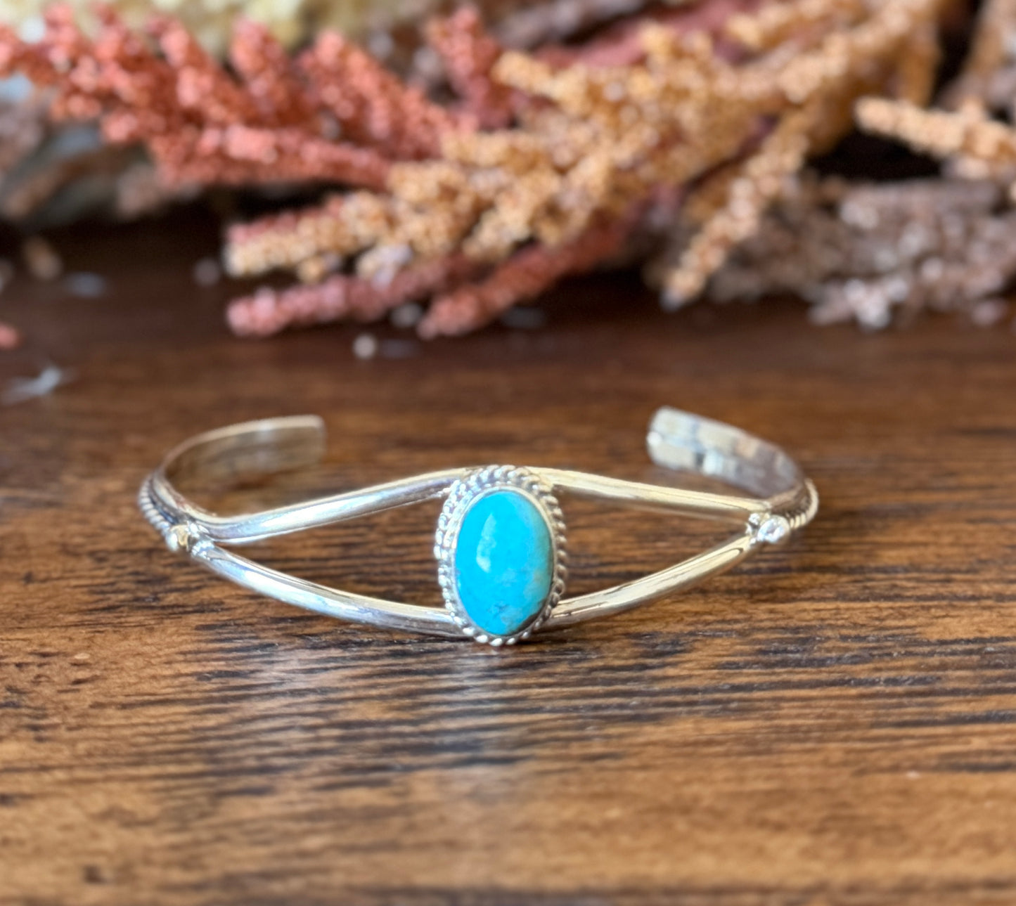 Kingman Turquoise & Sterling Silver Split-Shank Cuff Bracelet – 6" Adjustable- Native Made By Jerryson Henio - NOT SIGNED