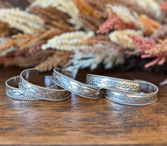 Hand-Stamped Sterling Silver Cuff Bracelet – 5 Designs- Native Made by Jason Bane