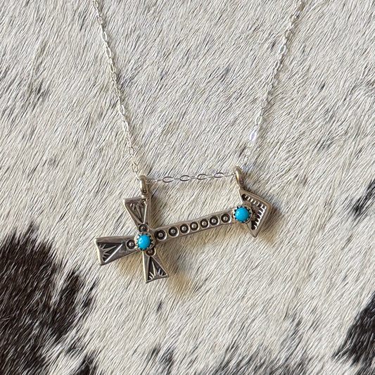 Kingman Turquoise Sterling Silver Cross Arrow Necklace – Native Made by Myra Benally