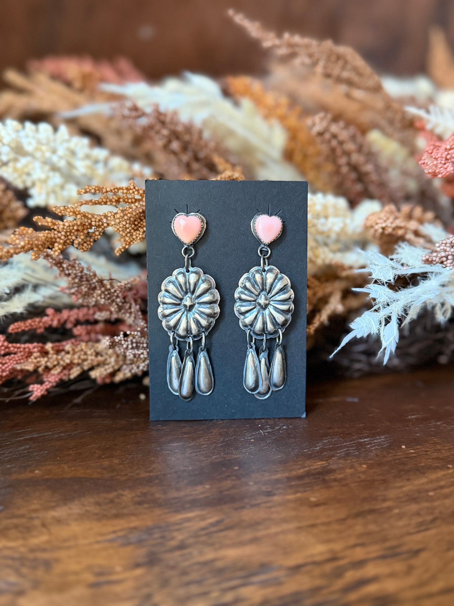 Pink Conch Heart Sterling Silver Concho Dangle Earrings – Native Made by Gabrielle Yazzie