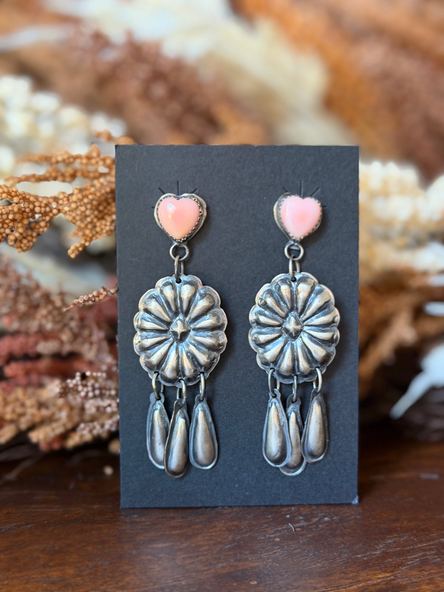 Pink Conch Heart Sterling Silver Concho Dangle Earrings – Native Made by Gabrielle Yazzie