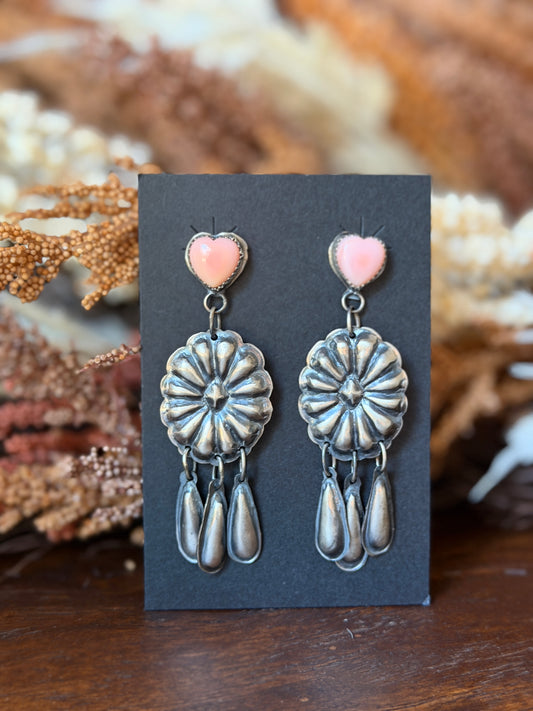 Pink Conch Heart Sterling Silver Concho Dangle Earrings – Native Made by Gabrielle Yazzie