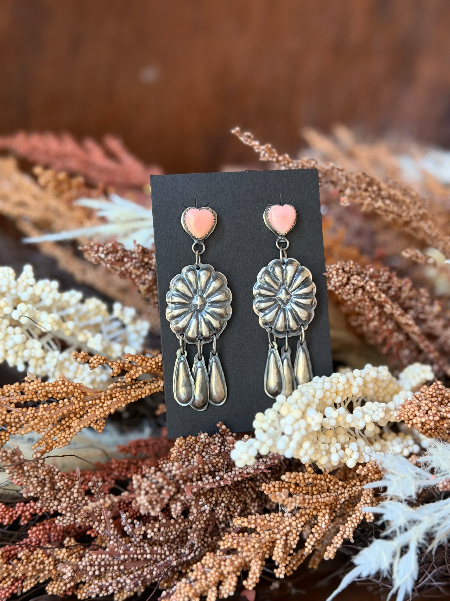 Pink Conch Heart Sterling Silver Concho Dangle Earrings – Native Made by Gabrielle Yazzie