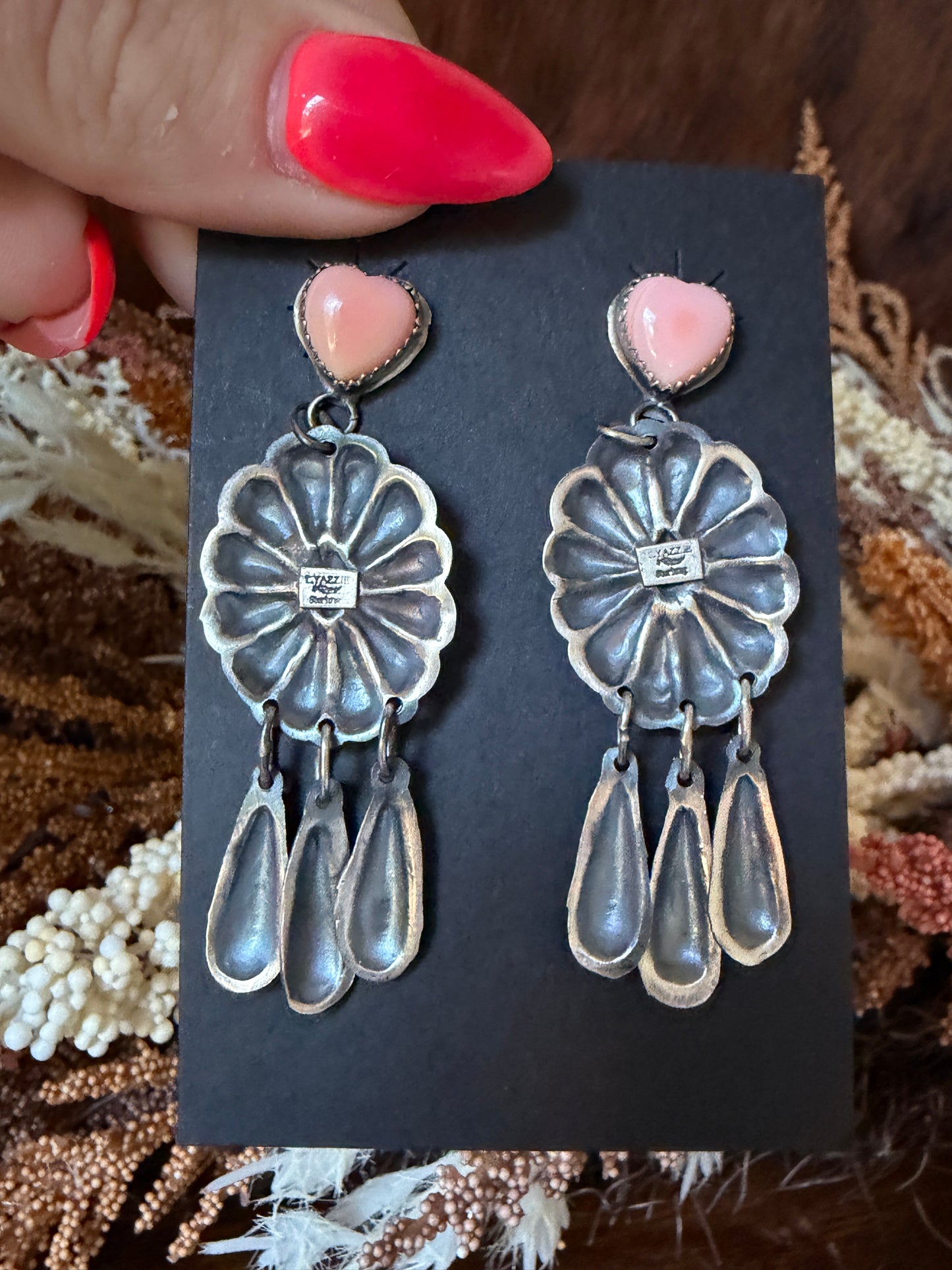 Pink Conch Heart Sterling Silver Concho Dangle Earrings – Native Made by Gabrielle Yazzie