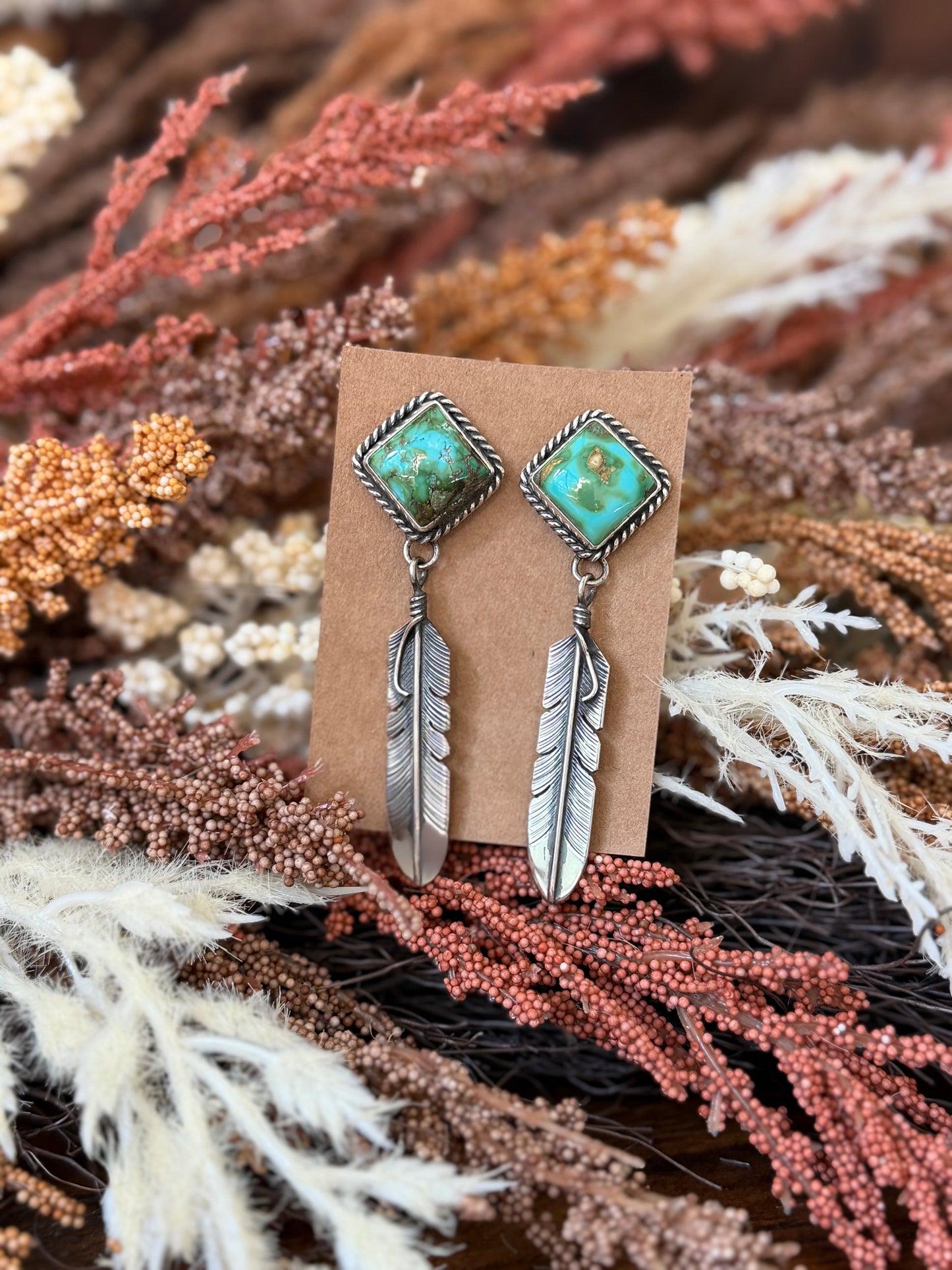 Sonoran Gold Turquoise & Sterling Silver Feather Dangle Earrings - Native Made by J. Nelson