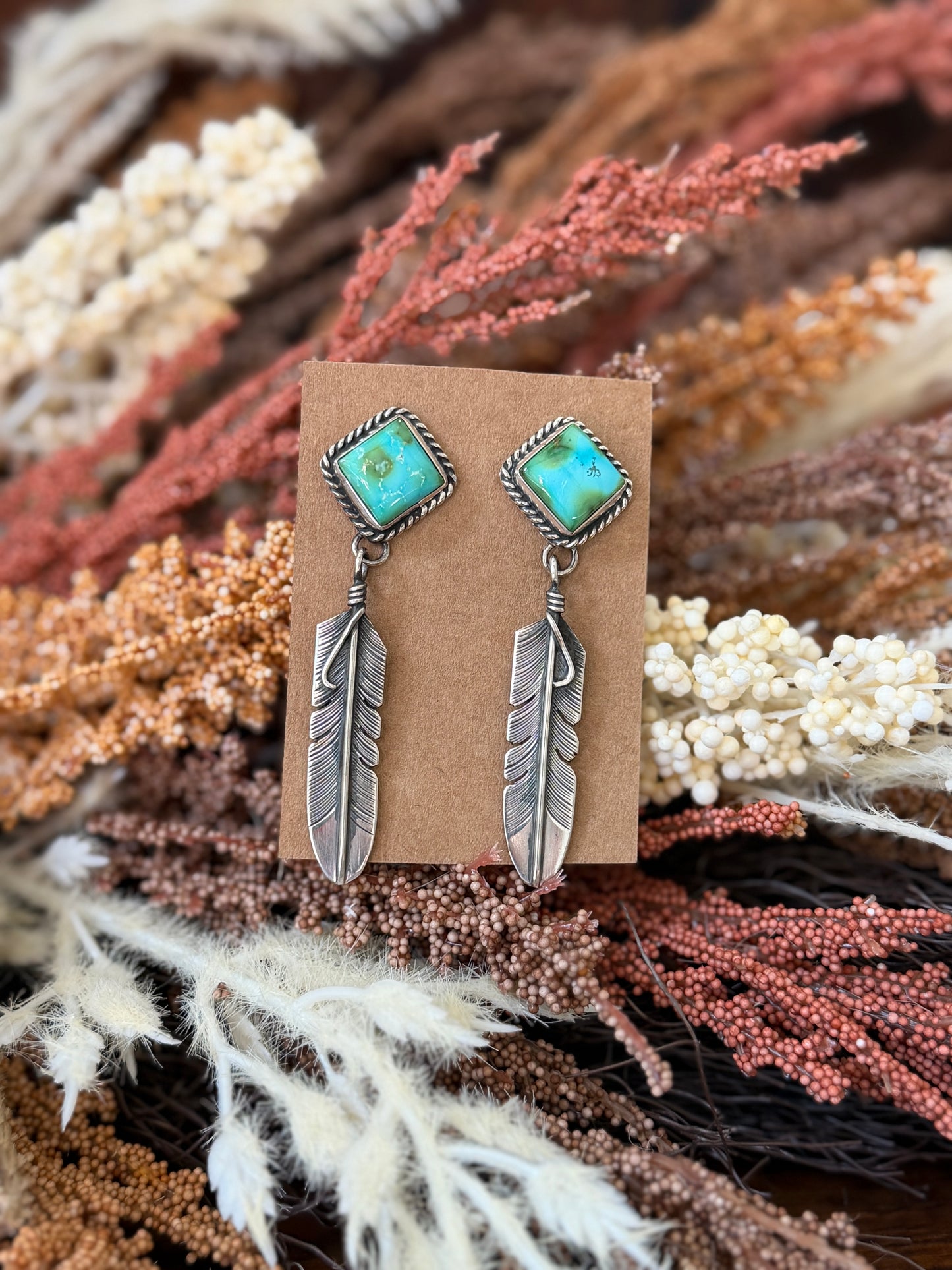 Sonoran Gold Turquoise & Sterling Silver Feather Dangle Earrings - Native Made by J. Nelson