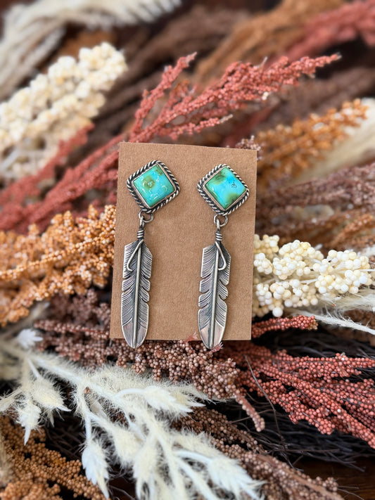Sonoran Gold Turquoise & Sterling Silver Feather Dangle Earrings - Native Made by J. Nelson
