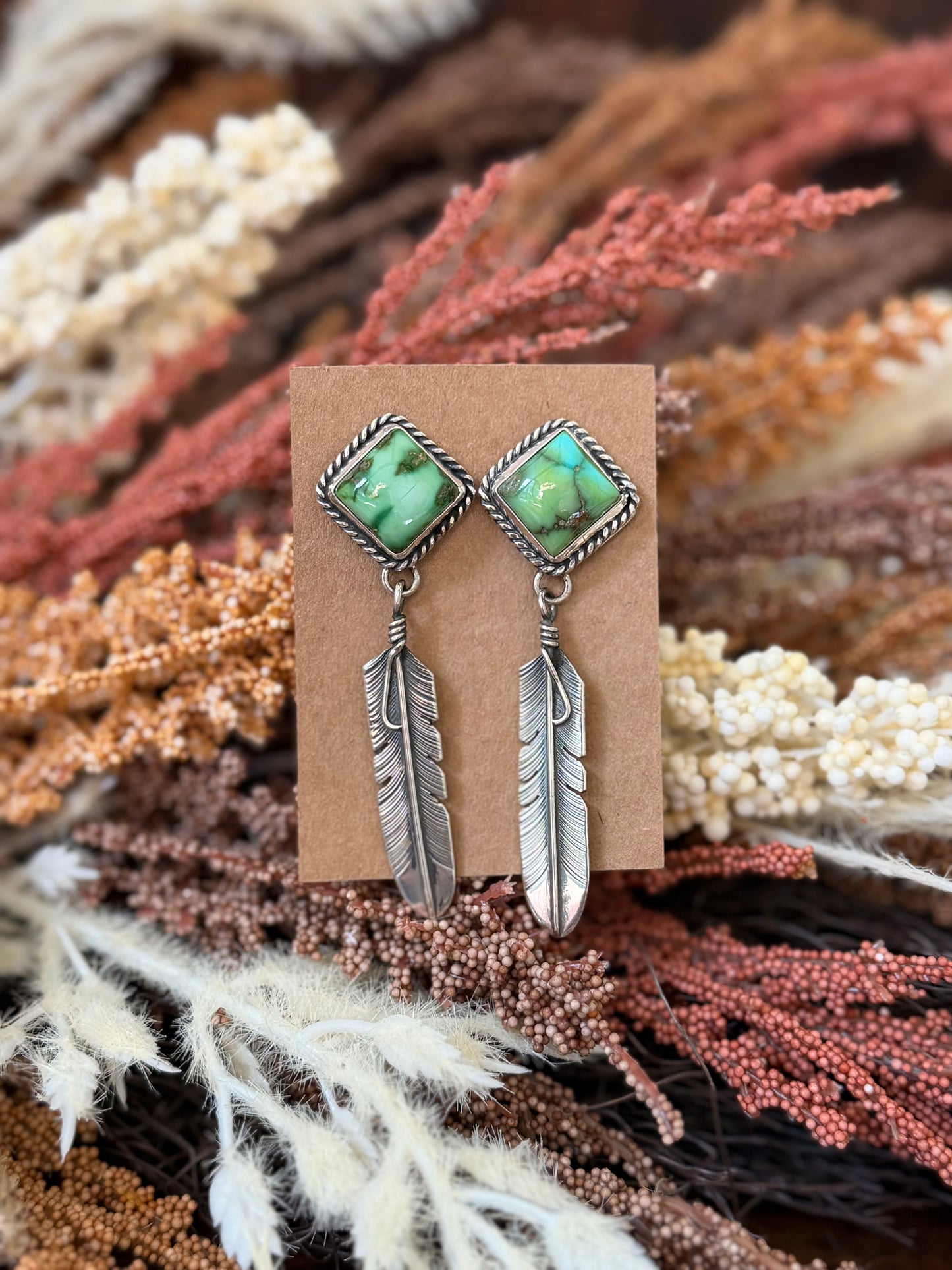 Sonoran Gold Turquoise & Sterling Silver Feather Dangle Earrings - Native Made by J. Nelson