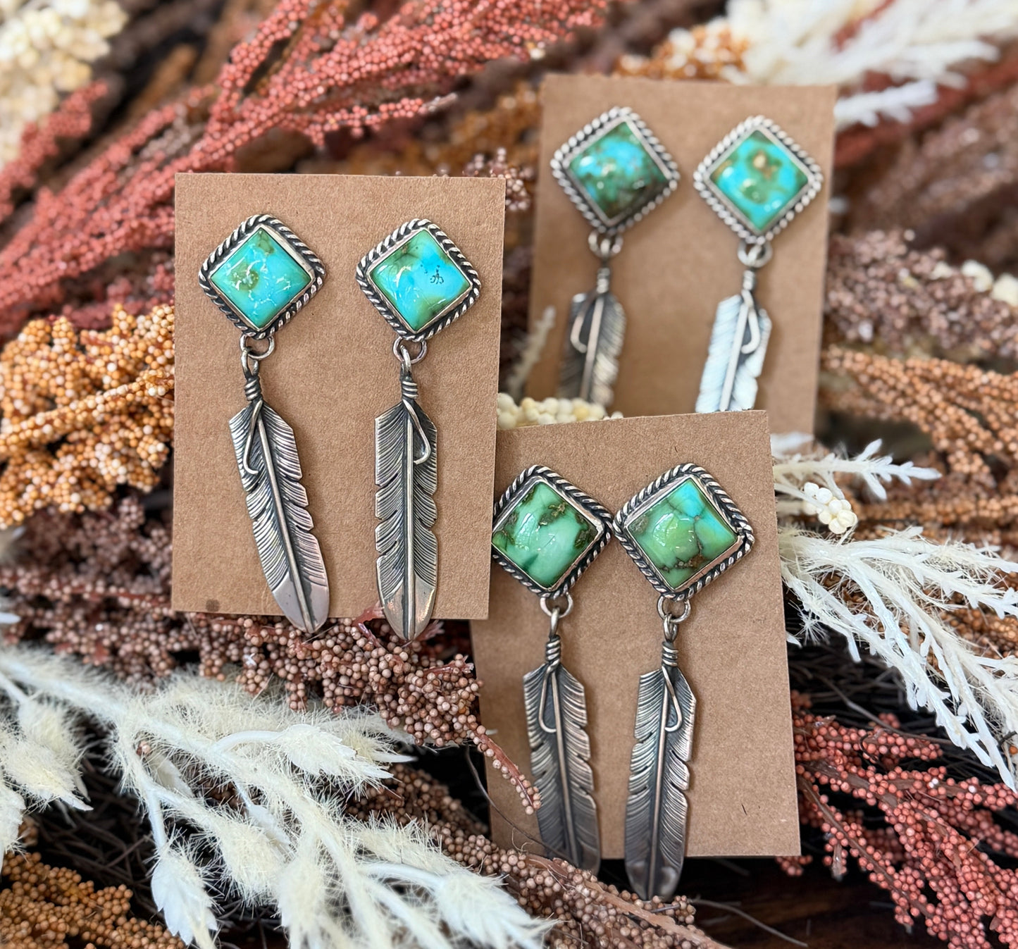 Sonoran Gold Turquoise & Sterling Silver Feather Dangle Earrings - Native Made by J. Nelson