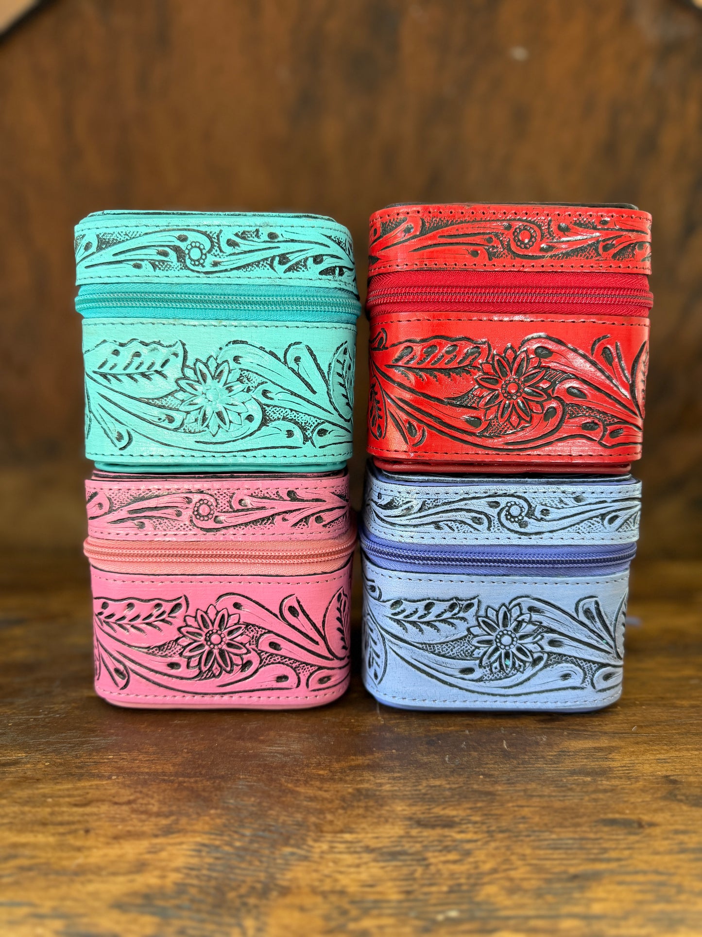 Tooled Leather Mini Jewelry Box with Genuine Cowhide