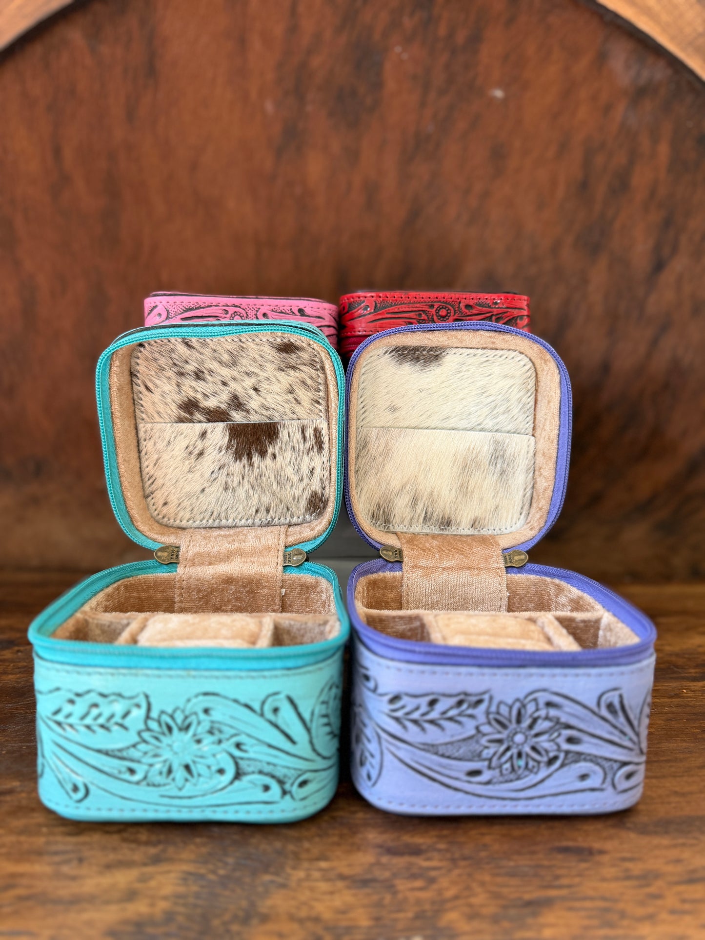 Tooled Leather Mini Jewelry Box with Genuine Cowhide